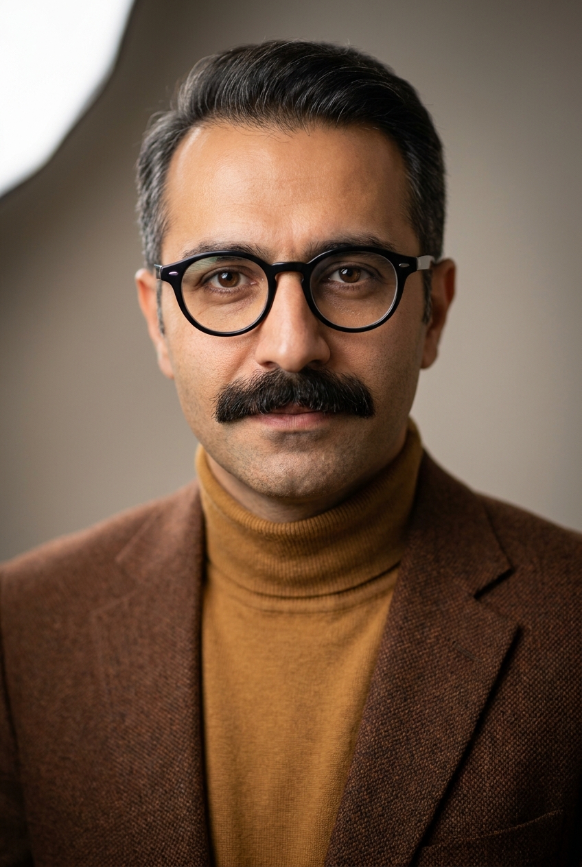 A scholarly Iranian man in his mid-40s, Tehran-born and Zurich-based, a linguist by temperament. Warm olive complexion. Dark hair worn short and neat with grey at the temples, combed back. Clean-shaven cheeks and chin with one prominent feature: a thick, full, well-groomed dark moustache (no beard) — a classic Persian moustache that dominates his expression. Warm dark-brown eyes behind thick black round acetate glasses. Average build. A chestnut-brown tweed jacket over a soft mustard-ochre fine-knit roll-neck, dark brown wool trousers, brown leather brogues. Distinguishing feature: the thick full dark moustache worn without a beard, paired with thick black round acetate glasses — the unmistakable look of a careful linguist.
