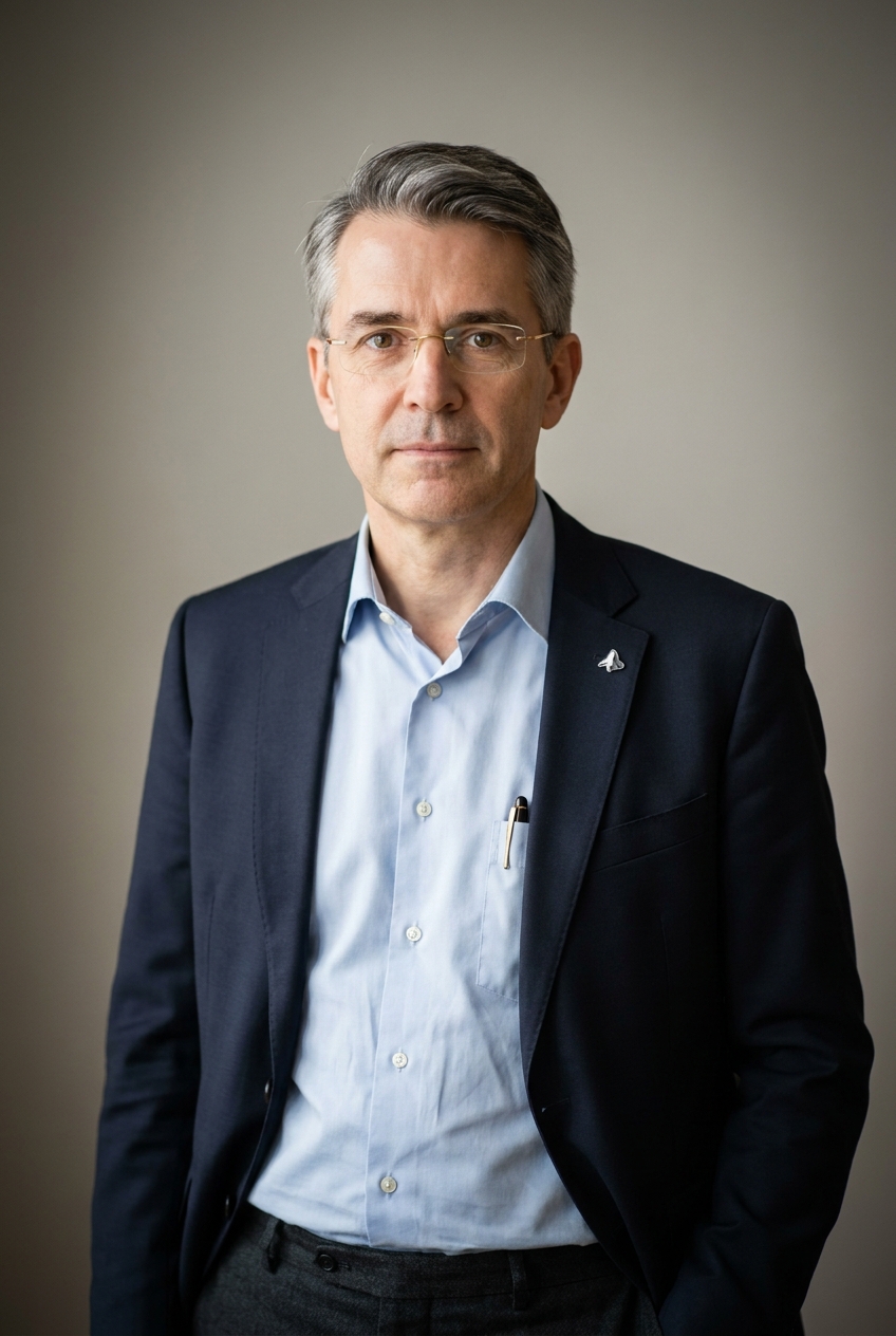 A traditional Bavarian-German man in his mid-50s from Munich, now Zurich-based. Pale complexion with a faint pinkish flush at the cheekbones, full salt-and-pepper hair combed neatly with a sharp side parting, clean-shaven with visible nasolabial lines, warm brown eyes behind thin gold-rim rectangular reading glasses worn slightly low on the nose. Average build with the comfortable thickness of a man who eats well. Quiet navy suit jacket over a soft-blue cotton shirt, no tie, dark wool trousers. A vintage fountain pen visibly clipped to his shirt pocket. Distinguishing feature: a small silver-and-enamel lapel pin shaped like a stylised Matterhorn on his jacket lapel — the kind of marker only Swiss locals notice.