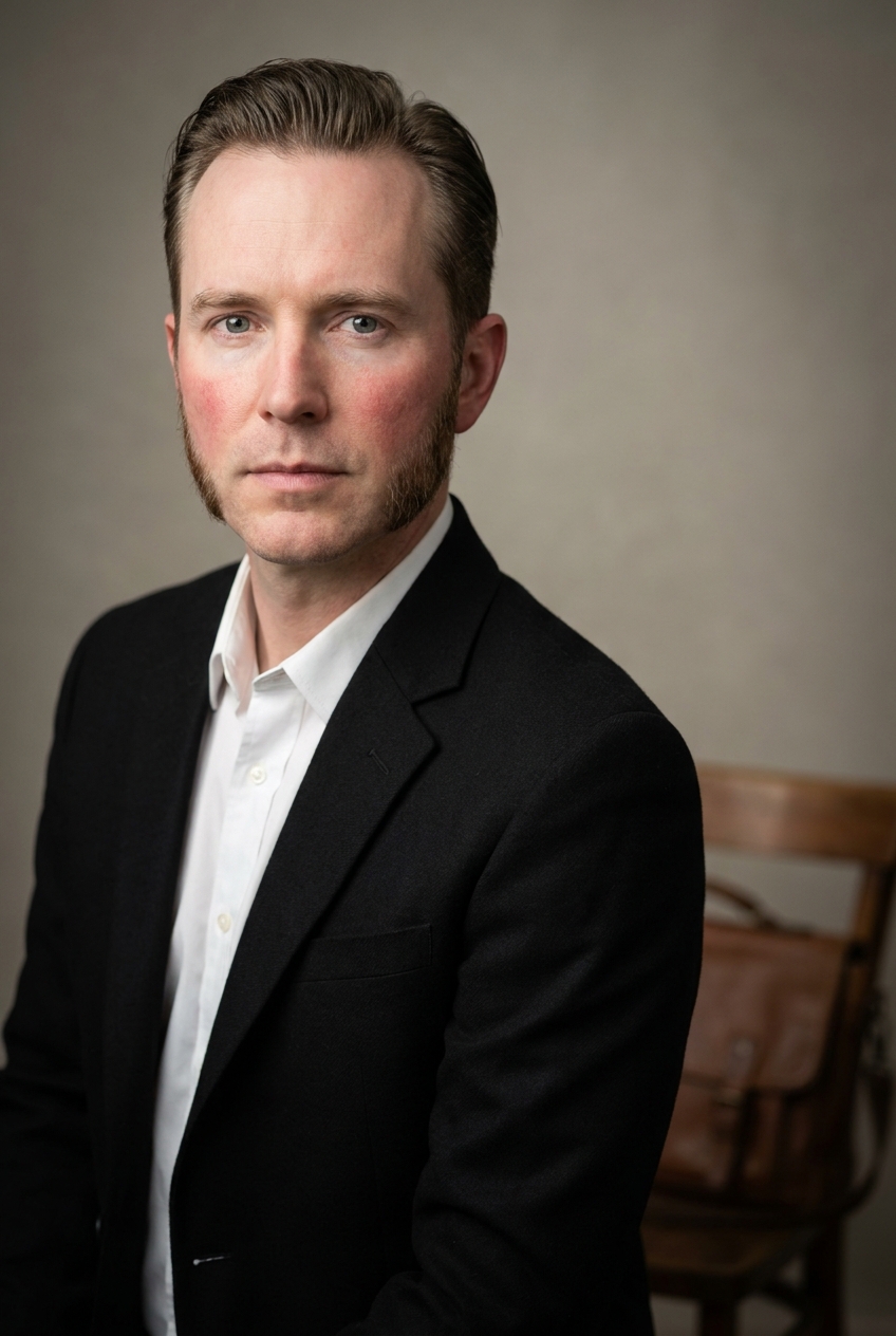 A precise Dutch man in his early 40s, Amsterdam-born and now Zurich-based. Pale Northern European complexion with a healthy ruddy flush across the cheekbones. Dark-blonde hair worn medium-short and slightly slicked back with no parting, designer aesthetic. Clean-shaven jawline. Pale grey-blue eyes, defined eyebrows. Slim tall build with the upright posture of a man who cycles everywhere. A crisp white collared shirt under a structured matte black wool blazer with the sleeves slightly pushed, slim black trousers, soft brown leather Chelsea boots. A vintage brown leather messenger bag visible on a nearby chair. Distinguishing feature: distinctive long well-groomed sideburns extending down the jawline almost to the chin, neatly trimmed — the designer-aesthetic detail that sets his face apart in a clean-shaven team.