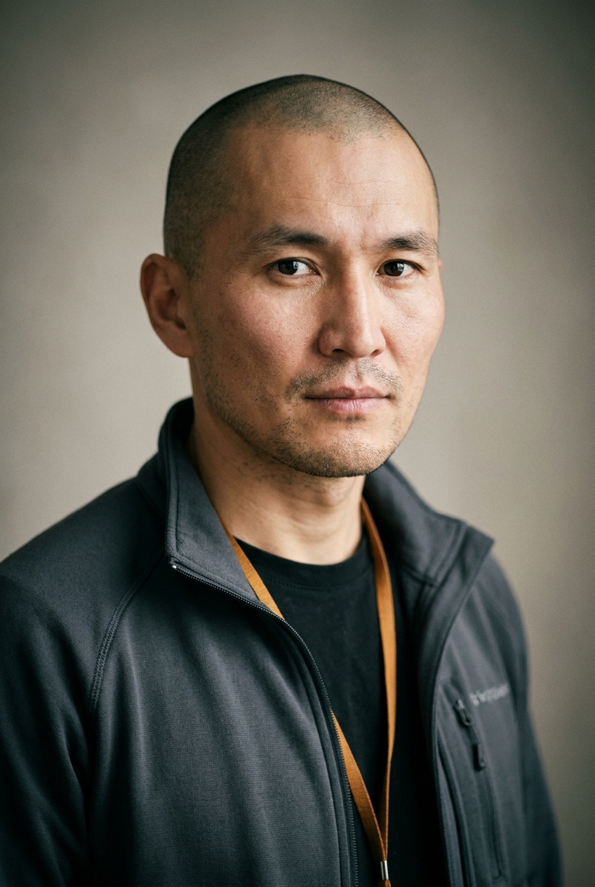 A methodical Kazakh man in his late 30s, Almaty-born and Zurich-based. Warm tan complexion with strong Central-Asian cheekbones, deep-set dark eyes, a smoothly shaved head, light stubble. Average athletic build. A gunmetal-grey technical zip-top over a black tee with an amber lanyard, slim black trousers. Distinguishing feature: prominent high steppe cheekbones above a smoothly shaved head — a strong, calm structural presence.