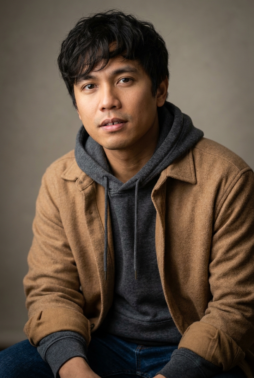 A warm Filipino-Australian man in his early 30s, Sydney-raised with family heritage from Manila, now Zurich-based. Warm tan complexion with subtle freckling across the bridge of the nose, dark almond-shaped eyes, dark eyebrows. Black hair worn in a tousled medium-length cut with a soft side fringe falling over one eye, slight natural wave. Clean-shaven. Slight athletic build, the easy posture of someone who surfs at weekends. A soft heather-grey hooded sweatshirt under a warm camel-coloured wool overshirt with the sleeves pushed to the elbows, slim dark indigo jeans, white canvas sneakers. Distinguishing feature: a slight visible gap between his two upper front teeth — only obvious when he opens his mouth, the kind of detail that makes him look more like a Sophie user than a Sophie team member.
