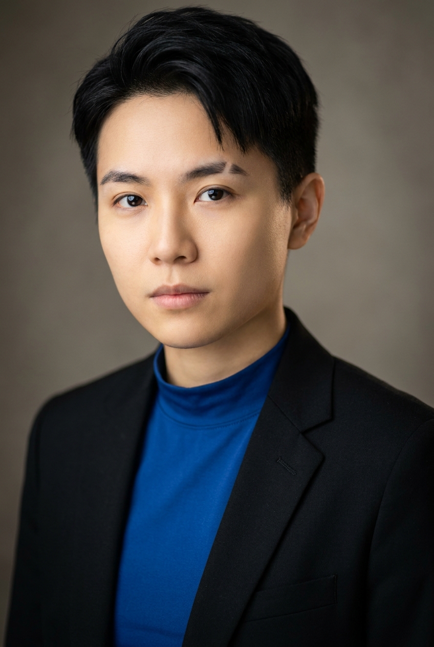 A cutting-edge Taiwanese non-binary person in their late 20s, Taipei-born and Zurich-based. Smooth pale-gold complexion, dark almond eyes, clean-shaven, fine features. Jet-black hair worn in a sharp modern cut — short at the back and sides, a longer textured top swept to one side. Slim build. A fitted royal-blue technical mock-neck top under a structured matte-black blazer, slim black trousers, clean black-and-white trainers, minimal thin silver rings on one hand. Distinguishing feature: a single clean shaved slit through the outer end of the left eyebrow — one sharp grooming line, a small precise AI-native style marker against an otherwise minimal appearance.