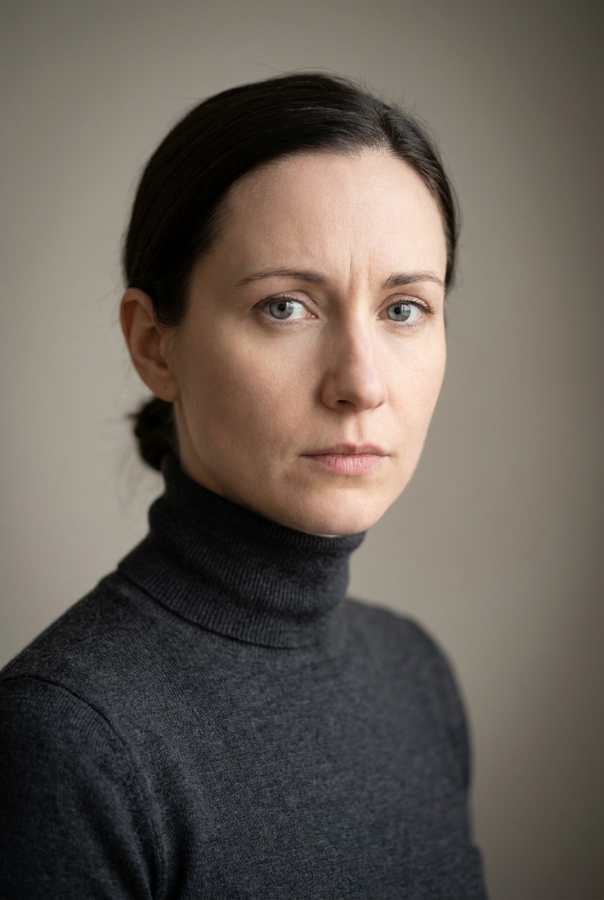 A vigilant Bosnian woman in her late 30s, Sarajevo-born and Zurich-based, the FADP-aligned guardian who purges learner audio on schedule. Fair complexion with cool undertones and a serious, watchful expression. Dark-brown hair pulled back severely into a tight low knot, no loose strands. Pale grey eyes, strong dark brows. Slim build with controlled, alert posture. A deep-charcoal fine-knit turtleneck, dark-teal tailored trousers, black leather boots, minimal jewellery. Distinguishing feature: a small vertical worry-line crease set permanently between her brows — the mark of a guardian who watches retention windows for a living, lending her face a focused intensity even at rest.