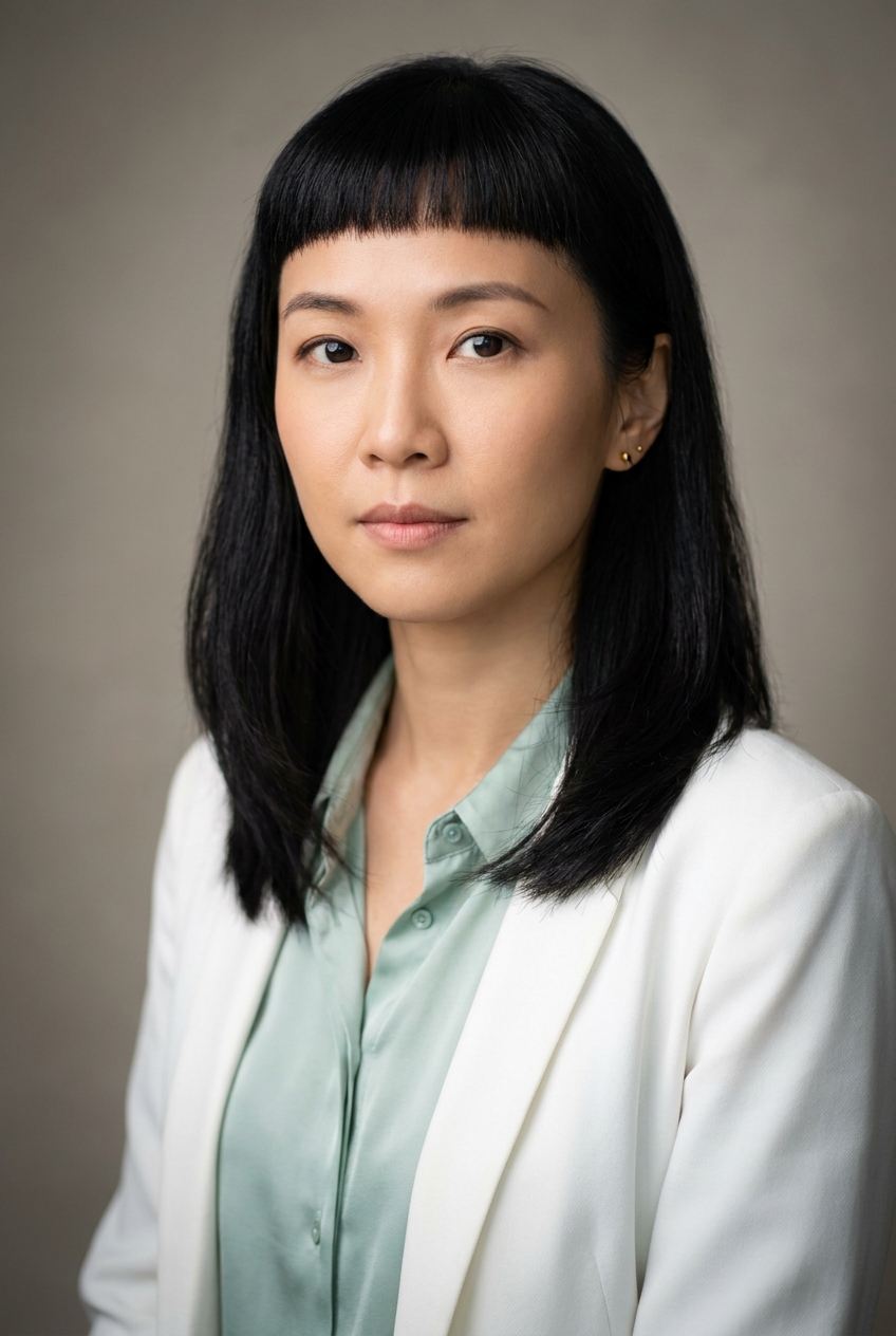 A precise Malaysian-Chinese woman in her mid-30s, Kuala-Lumpur-born and Zurich-based, an in-course assessment designer. Warm fair complexion. Glossy straight black hair worn in a sleek shoulder-length cut with a distinctive blunt micro-fringe — very short, straight bangs sitting high on the forehead. Dark almond eyes, fine controlled features. Slight build. A soft mint-green silk blouse under a white tailored blazer, slim white trousers, soft grey loafers, tiny gold studs. Distinguishing feature: the blunt micro-fringe — short straight bangs high on the forehead above sleek black hair, a sharp graphic detail that frames her face distinctively.
