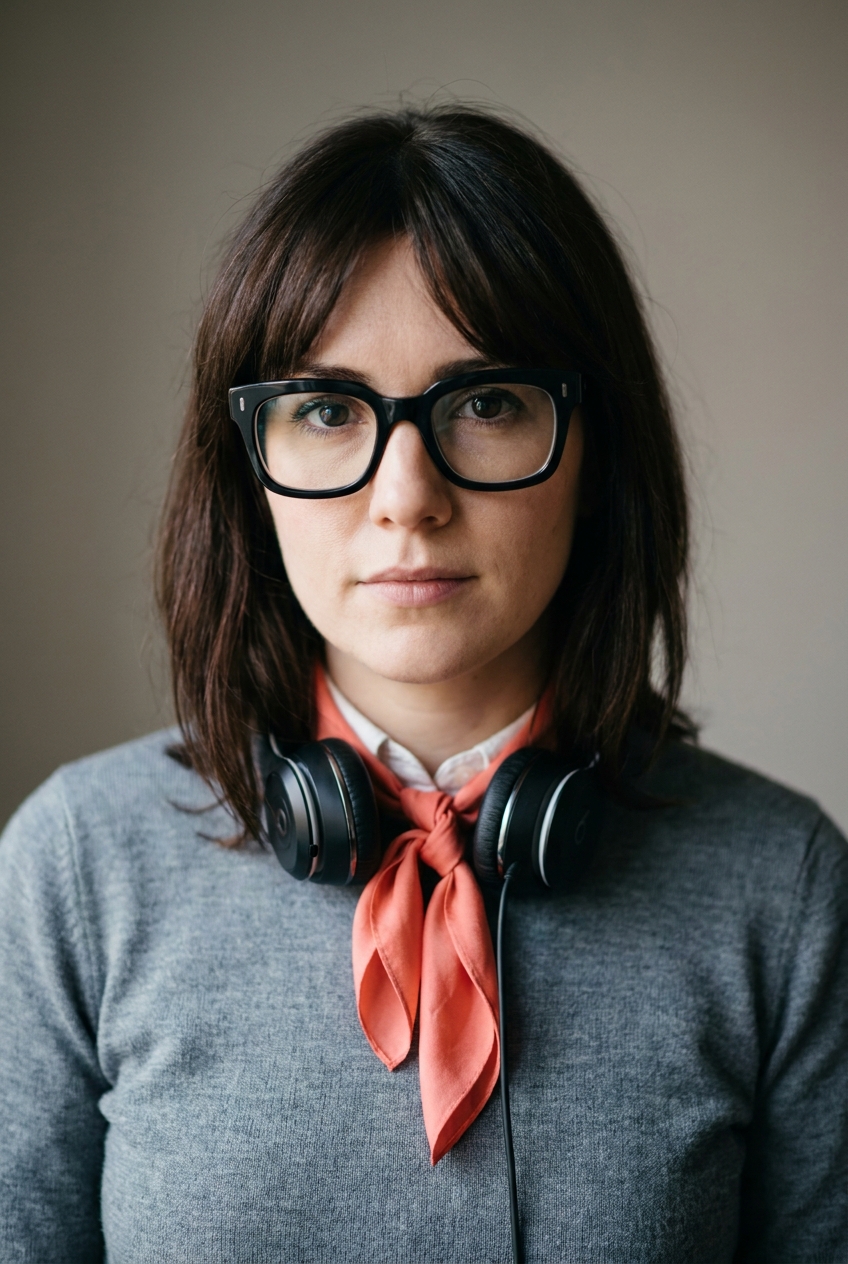 A focused Bulgarian woman in her early 30s, Sofia-born and Zurich-based, an audio-and-phonetics specialist. Fair complexion with cool undertones. Dark-brown hair worn in a neat shoulder-length cut with a soft blunt fringe, parted slightly off-centre. Dark eyes, defined brows. Slim build. A cool-grey fine-knit jumper over a white collared shirt with a soft coral silk scarf knotted at the neck, slim grey wool trousers, white leather trainers, over-ear headphones resting around the neck. Distinguishing feature: heavy black wayfarer-style glasses with a bold squared acetate frame — a confident retro shape distinct from every other pair of eyewear in the company.