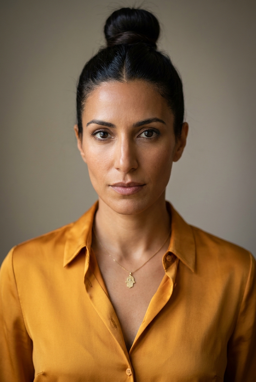 A sharp Lebanese-British woman in her late 30s, Beirut-born and London-based, frequent visitor to Zurich. Warm olive-bronze complexion with strong Mediterranean features — defined cheekbones, full mouth, strong straight nose. Long dark hair worn in a smooth high topknot with a soft middle parting. Dark expressive almond eyes with thick natural lashes, strong defined eyebrows. Slim athletic build. A fitted saffron-gold silk blouse tucked into slim chocolate-brown high-waisted wool trousers, soft brown leather pointed flats, a thin chocolate-brown leather belt. Distinguishing feature: a small delicate gold Khamsa (Hand of Fatima) pendant on a thin gold chain at the throat — a protective cultural amulet worn quietly with corporate attire, visible at the open collar of her blouse.