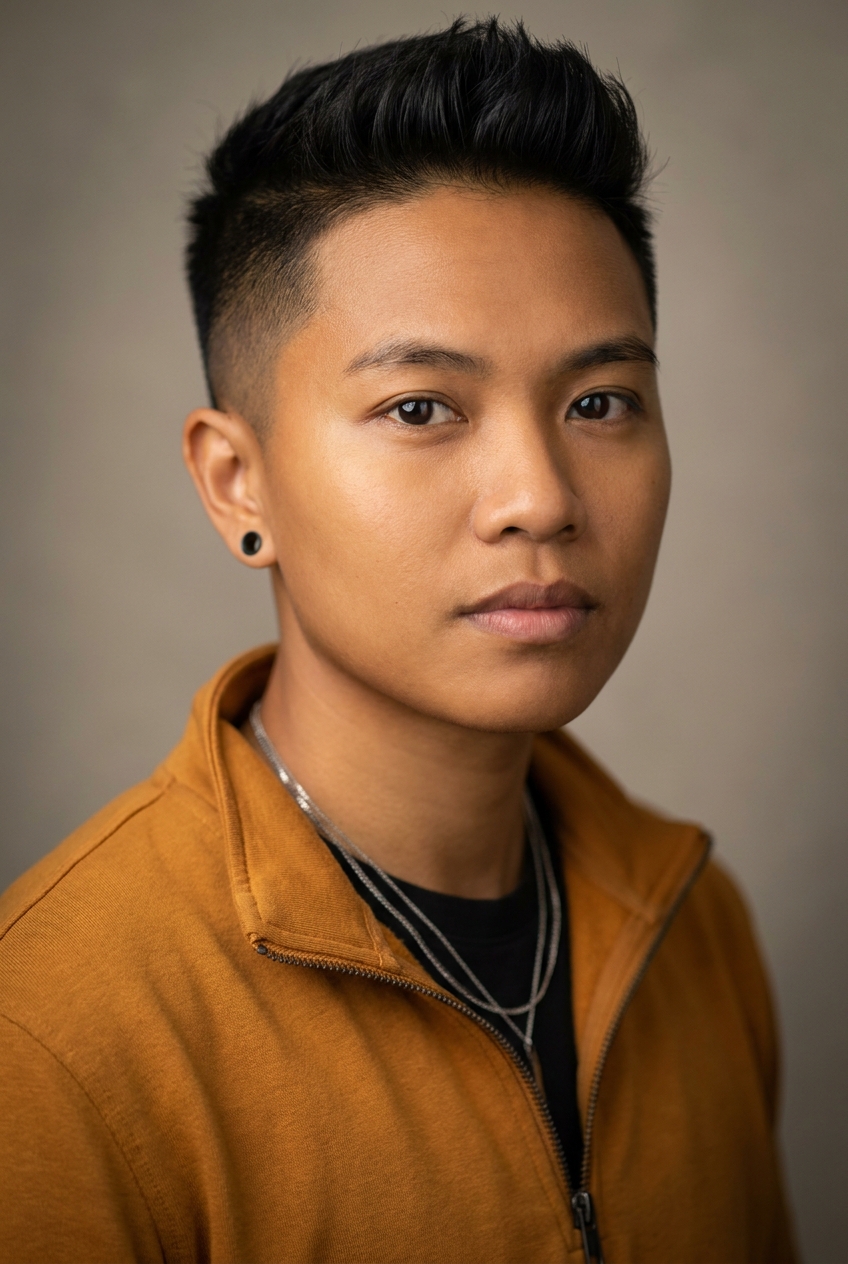 A creative Cambodian non-binary person in their late 20s, Phnom-Penh-born and Zurich-based, who produces the asset visuals. Warm golden-brown complexion, dark almond eyes, fine features, clean-shaven. Black hair worn in a sharp modern cut — short sides, textured top. Slight build. A warm amber technical zip-top over a black tee, slim black trousers, white trainers, minimal silver jewellery. Distinguishing feature: a small flat black ear gauge (plug) in the left lobe — a precise, contemporary modification distinct from the studs, cuffs, and hoops worn elsewhere in the company.