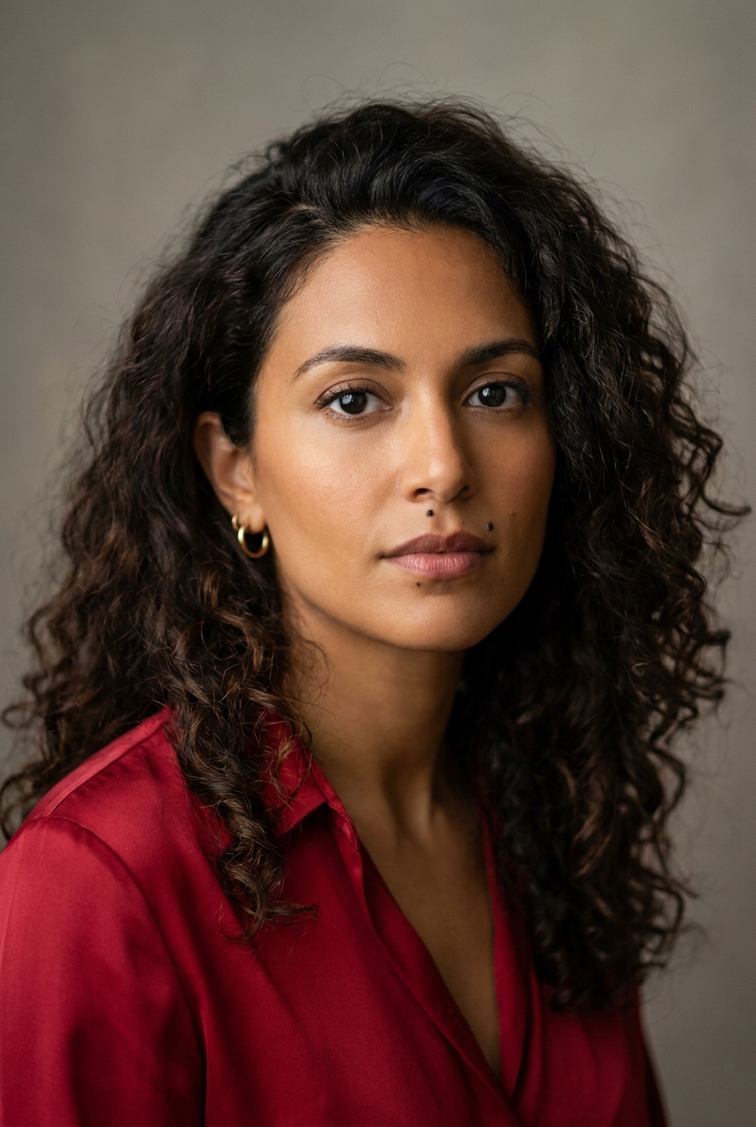 A vivid Sicilian woman in her early 30s, Palermo-born and Zurich-based, native Italian-English bilingual. Warm olive-bronze Mediterranean complexion. Thick dark-brown curly hair worn big and natural to the shoulders, parted on the side. Dark expressive eyes, strong defined eyebrows, full mouth. Slim build. A cherry-red silk blouse tucked into cream wool wide-leg trousers, small gold hoop earrings, soft tan leather loafers. Distinguishing feature: a small dark mole positioned just above the right side of her upper lip — a classic beauty mark that anchors her expressive Mediterranean face.