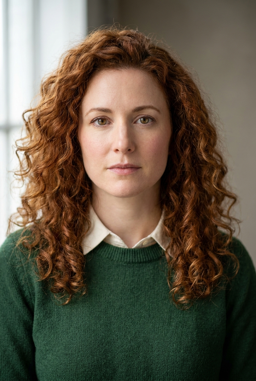 A multilingual Basque woman in her mid-30s, Bilbao-born and Zurich-based, who produces the translations, vocabulary, grammar notes and comprehension questions. Fair complexion with warm undertones and a light natural flush. Voluminous natural auburn-copper curls worn shoulder-length and full, parted to one side. Warm hazel eyes, defined brows. Slim build. A forest-green fine-knit jumper over a cream collared shirt, slim brown trousers, tan leather loafers. Distinguishing feature: her voluminous natural auburn-copper curls — a rich warm-red head of hair worn big, the most immediately identifying element of her appearance.