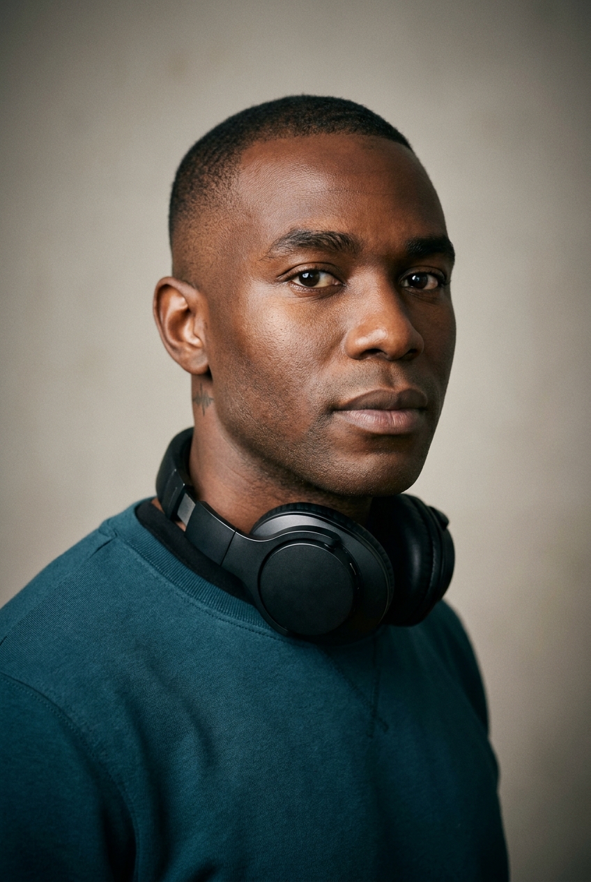 A focused Senegalese man in his mid-30s, Dakar-born and Zurich-based, who renders the Nigel-voice audio. Rich deep-brown complexion with healthy luminosity. Hair worn in a short neat fade. Clean-shaven, warm dark eyes, strong defined brows. Average athletic build. A deep-teal technical crewneck over a black tee, slim black trousers, dark trainers, over-ear studio headphones resting around the neck. Distinguishing feature: a small fine soundwave tattoo behind his left ear — a thin horizontal line of audio-waveform peaks, a fitting mark for the audio specialist, visible when his head turns.