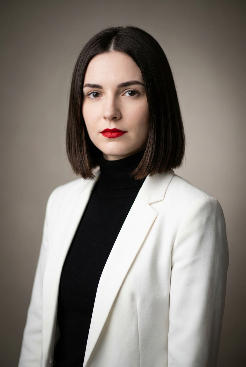 A punchy Montenegrin woman in her late 20s, Podgorica-born and Zurich-based, who writes the short teaser text. Fair complexion with cool undertones. Glossy dark-brown hair worn in a sharp blunt jaw-length bob with a centre parting. Dark eyes, neatly defined brows. Slight build with sharp posture. A black fitted turtleneck under a structured white blazer, slim black trousers, sharp black ankle boots. Distinguishing feature: a signature bold classic-red lip — a single striking note of red against an otherwise monochrome black-and-white look, the only member of the company who wears a signature lip colour.