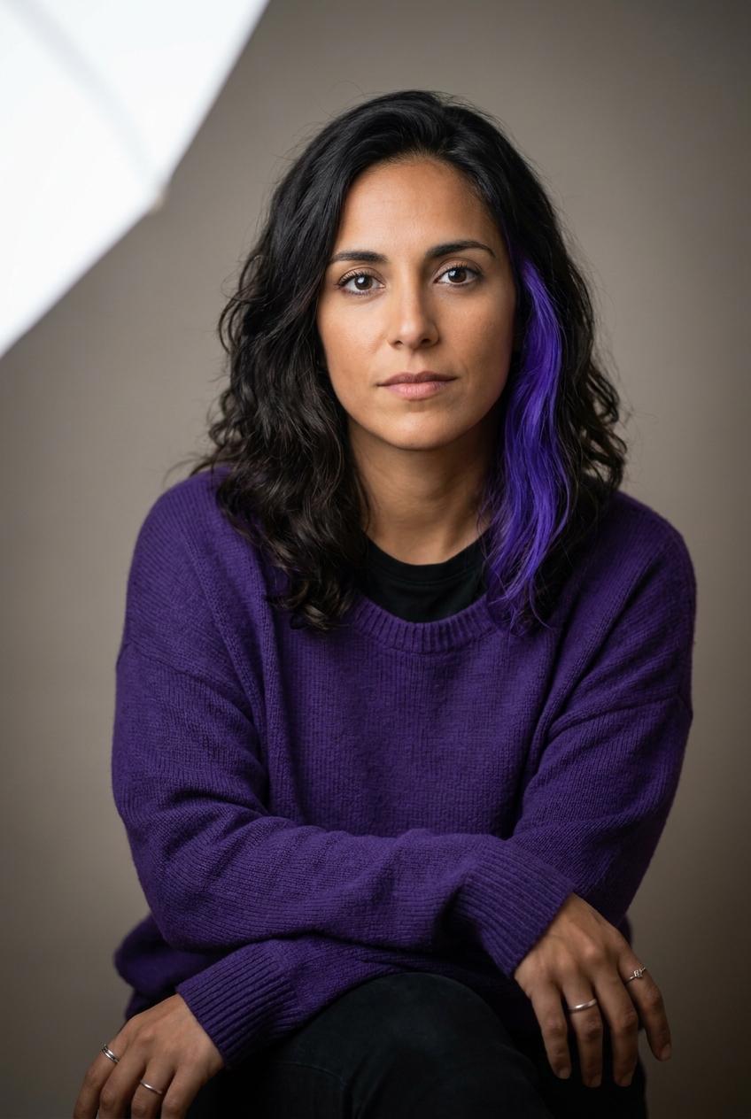A creative Andalusian woman in her early 30s, Seville-born and Zurich-based, who renders the actual images. Warm olive Mediterranean complexion. Dark wavy hair worn loose to the shoulders with a single bold dyed electric-violet streak running through the right side. Dark expressive eyes, defined brows. Slim build. A deep-purple oversized knit over a black tee, slim black jeans, black-and-white trainers, several thin silver rings. Distinguishing feature: the single dyed electric-violet streak running through her dark wavy hair on the right side — a deliberate creative colour-pop that signals her visual craft.