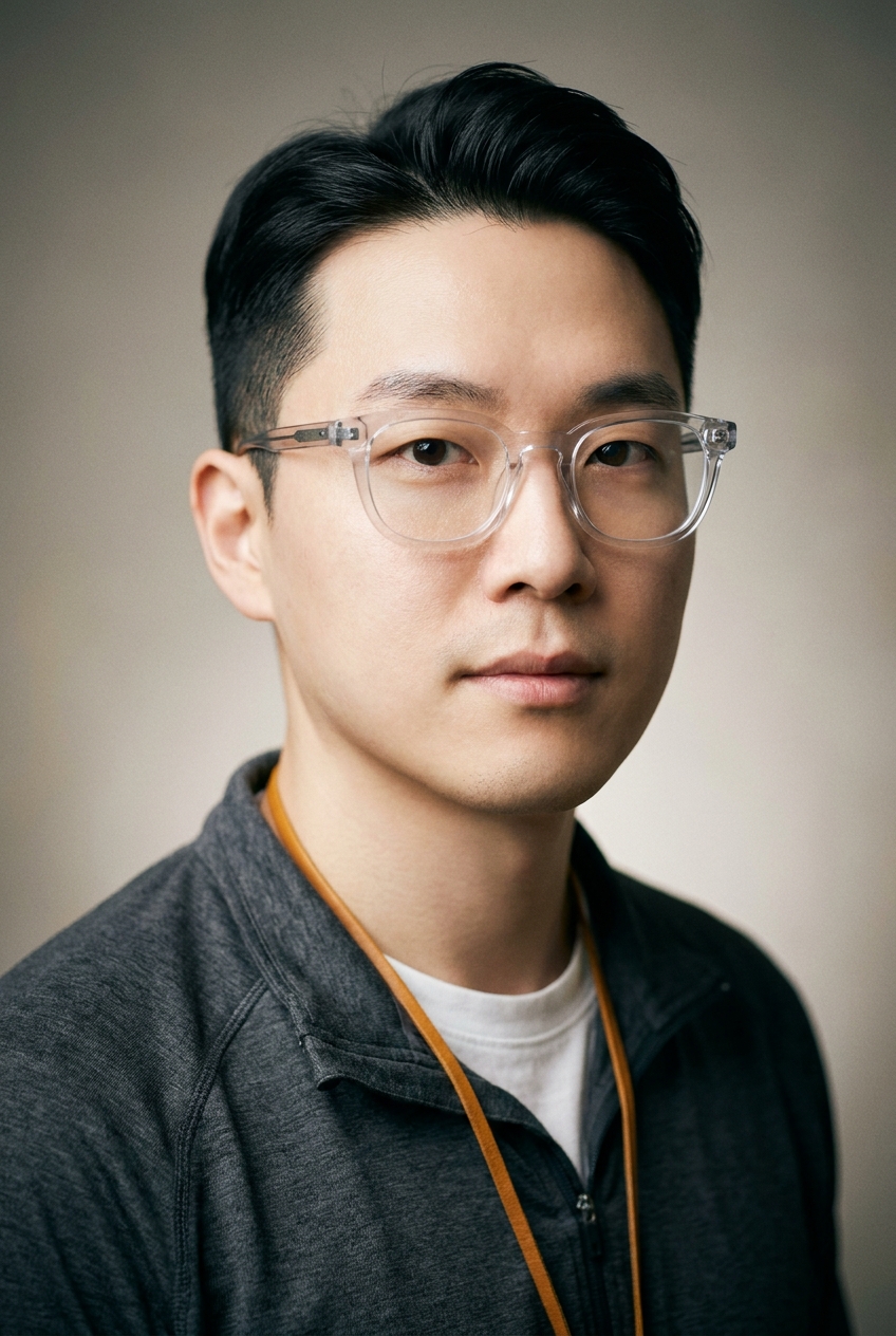 A sharp Korean man in his early 30s, Seoul-born and Zurich-based, who writes the image prompts. Smooth pale complexion, dark almond eyes, clean-shaven, fine modern features. Jet-black hair worn in a neat textured cut — short sides, longer on top swept to one side. Slim build. A slate-grey technical zip-top over a soft white tee, slim black trousers, clean white trainers, a thin amber lanyard. Distinguishing feature: heavy clear transparent acrylic-framed glasses — chunky clear-plastic frames distinct from the metal and tortoiseshell eyewear elsewhere in the company.
