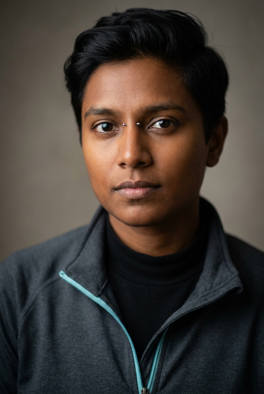 A precise Bengali-Indian non-binary person in their early 30s, Kolkata-born and Zurich-based, who seeds posts into the database. Warm deep-brown complexion, dark expressive eyes, fine features, clean-shaven. Black hair worn in a short modern cut, neat. Slim build. A black technical mock-neck under a dark-grey zip-top with a cyan accent zip, slim black trousers, white trainers, minimal silver jewellery. Distinguishing feature: a slim silver bridge piercing — a small barbell across the bridge of the nose between the eyes, a precise minimal modification.