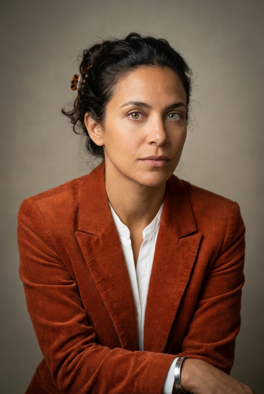 A sharp bilingual woman in her late 30s of mixed Anglo-Italian heritage — Italian father from Lombardy, English mother — raised in both Lugano and London. Warm olive-pale complexion, dark wavy shoulder-length hair tied back loosely at the nape of the neck with a single tortoiseshell clip, fine wisps escaping at the temples. Athletic-slim build. Crisp white collarless shirt under a structured rust-orange corduroy blazer with subtle Italian tailoring at the waist, dark indigo wide-leg trousers, soft brown brogues. A slim silver cuff bracelet on the left wrist. Distinguishing feature: heterochromia — her right eye is warm hazel-brown, her left eye is a pale grey-green, a subtle asymmetry that is only obvious when she looks at you directly.