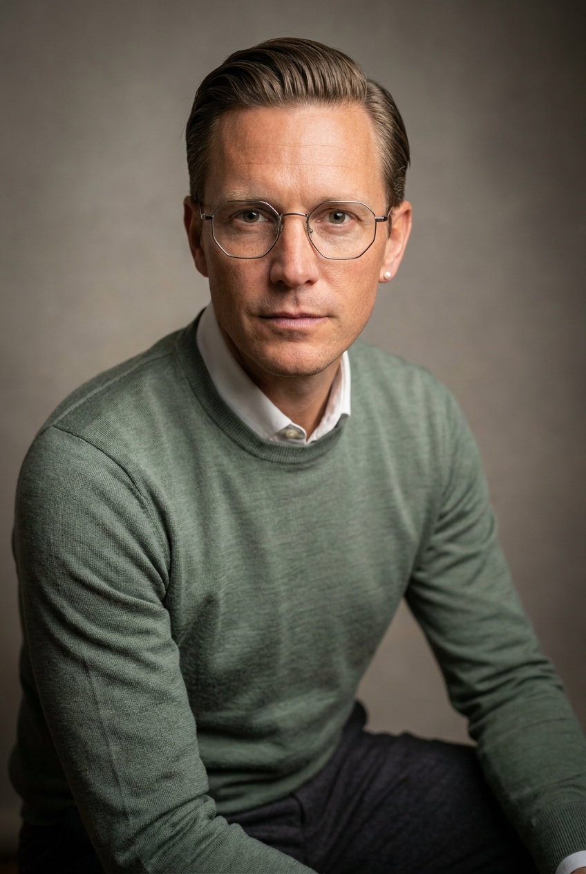 A precise Swiss-French man in his early 40s from Geneva-canton Romandy. Fair complexion with subtle Alpine sun-weathering across the cheekbones, dark-blonde hair worn slightly long on top and slicked back with a clean side parting, no fringe, wire-rim octagonal glasses. Slim build, careful upright posture. Sage-green fine-merino jumper over a crisp white collared shirt, slim-cut charcoal trousers, no jacket. Hands fine-boned and quick with square close-clipped fingernails. Distinguishing feature: a single small white-pearl stud earring worn in the right ear only, with the left earlobe unadorned — a deliberate asymmetry from a man otherwise dressed with banker-grade precision.