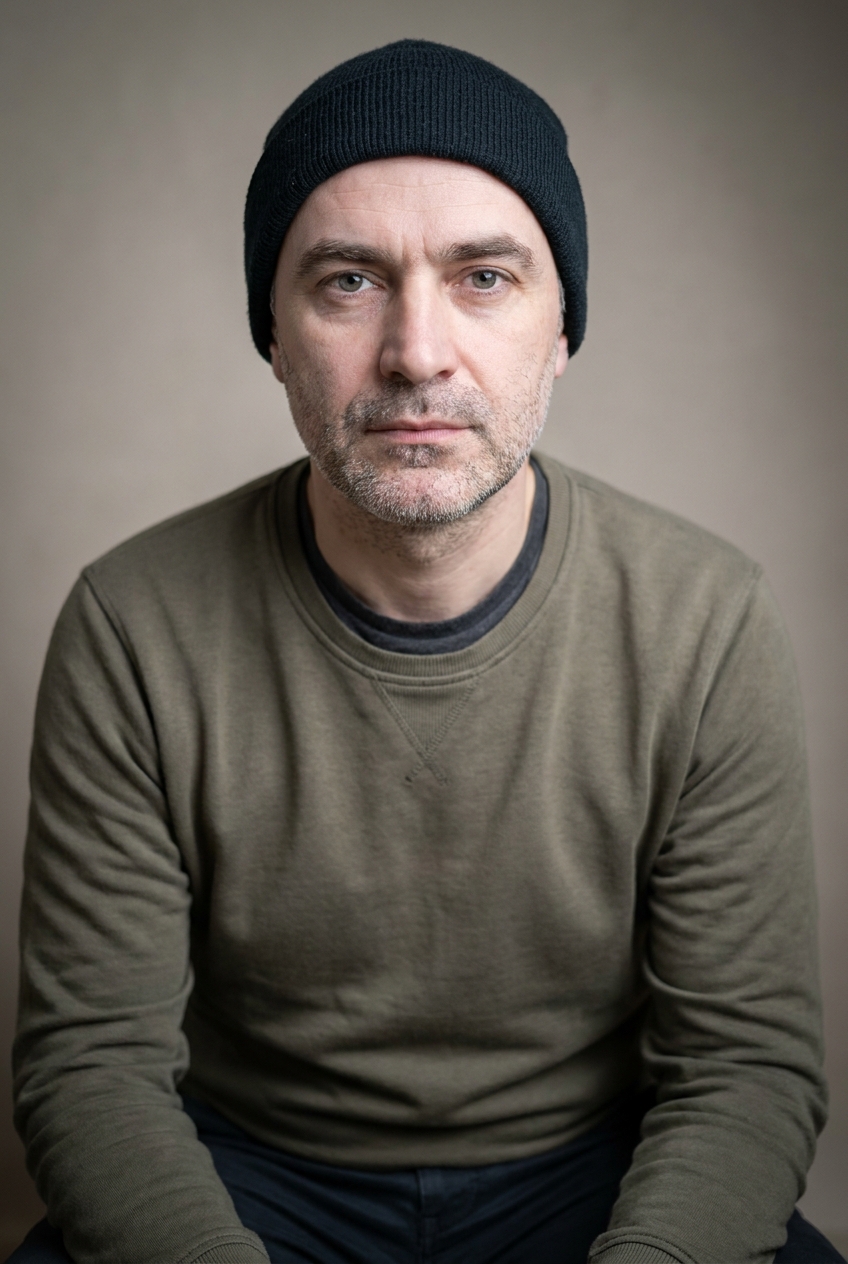 A methodical Moldovan man in his early 40s, Chișinău-born and Zurich-based, the nightly Brain maintainer who runs the 23:00 drift-check. Pale complexion with cool undertones and light age-weathering. Greying stubble across the jaw. Warm grey eyes, heavy brows, a calm steady expression. Average build. A muted olive technical crewneck over a charcoal tee, dark trousers, dark trainers. Distinguishing feature: a dark knitted beanie worn habitually pulled down over short hair — the mark of the late-night maintainer who keeps watch while the company sleeps.