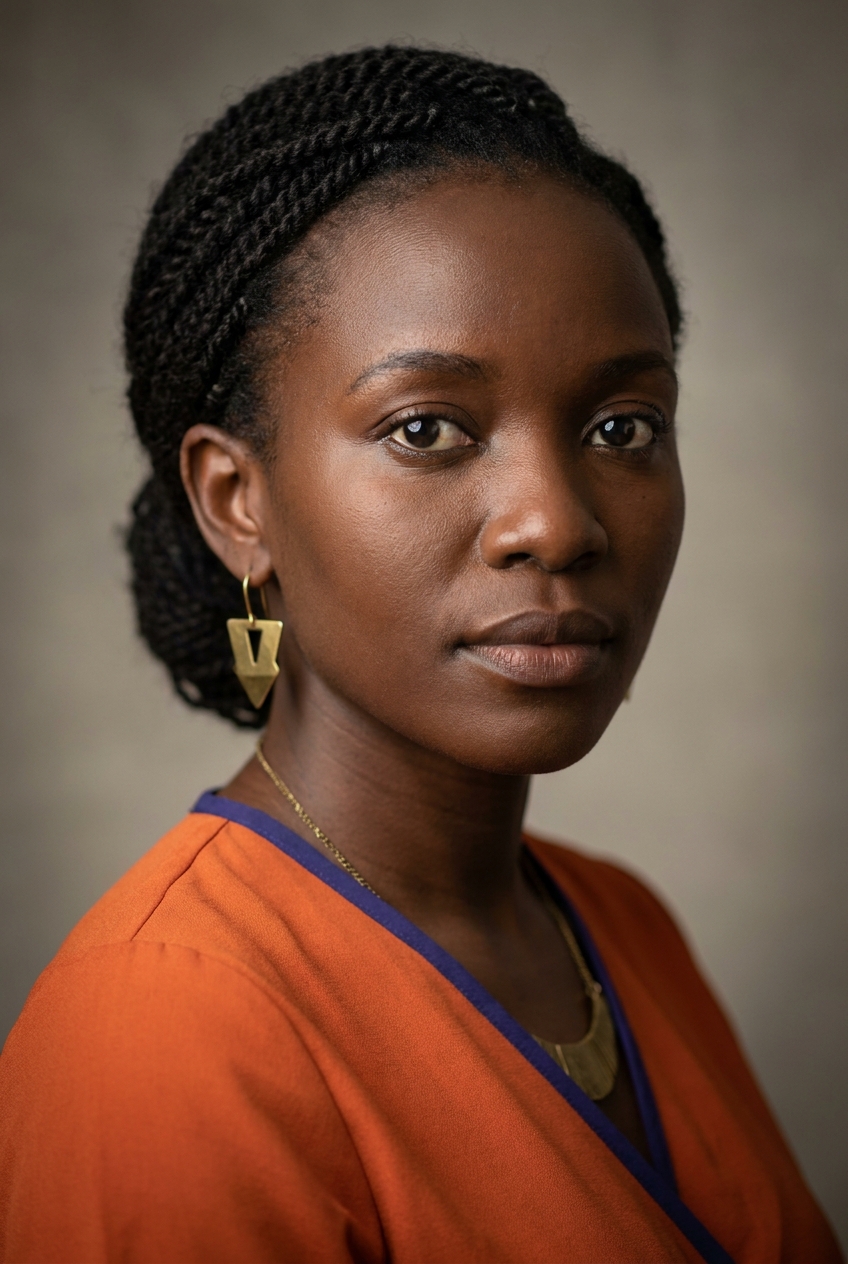 A warm Tanzanian woman in her early 30s, Dar-es-Salaam-born and Zurich-based. Rich deep-brown complexion, hair worn in fine natural twists gathered back, warm wide features, expressive eyes. Average build. An orange wrap blouse with indigo trim, indigo trousers, brass jewellery. Distinguishing feature: a single bold geometric brass earring worn in one ear against fine dark twists — a confident, broadcast-ready signature.