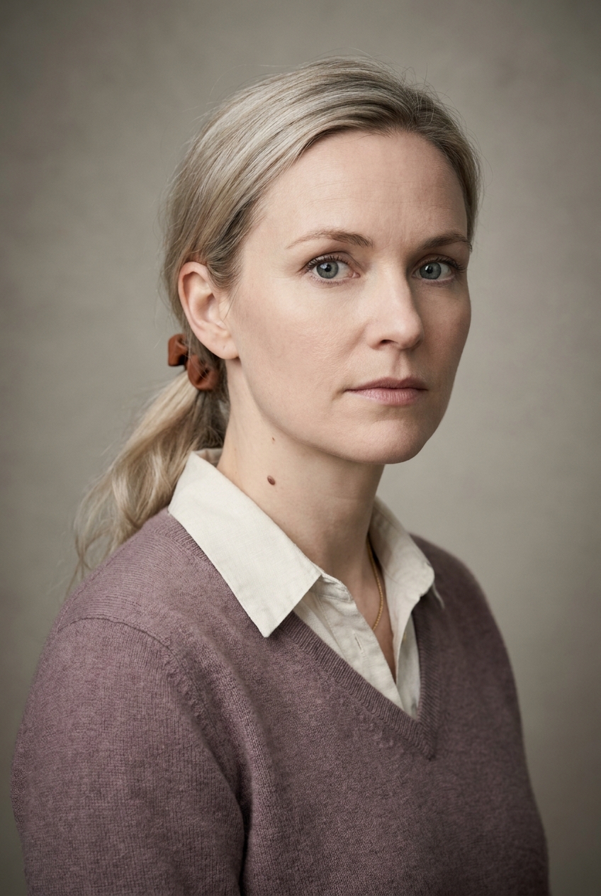 A direct Danish woman in her late 30s, Copenhagen-born and Zurich-based. Pale Nordic complexion with very fair skin. Ash-blonde hair worn at the shoulders, pulled into a low loose ponytail at the nape of the neck with a small brown leather scrunchie, parted in the middle. Steely grey-blue eyes, thin pale eyebrows accented with a single fine line of dark eyeliner along the upper lash line — her one piece of makeup. Athletic-slim build with the posture of a cyclist. A dusty-mauve cashmere V-neck jumper over an ivory linen collared shirt, slim dark indigo trousers, soft brown leather loafers. A single delicate gold chain visible at the collar. Distinguishing feature: a small dark beauty mark high on the left side of her neck just below the jawline, visible at the open collar of her shirt — a small dark dot that catches the eye against very fair skin.