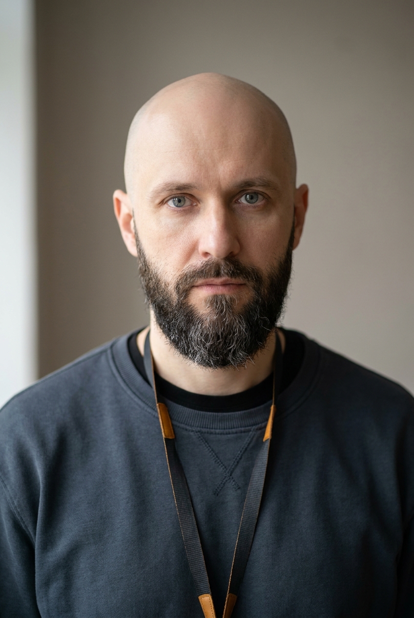 A watchful Belarusian man in his early 40s, Minsk-born and Zurich-based, who monitors and reports system errors. Pale complexion with cool undertones. Pale grey-blue eyes, heavy brows, a steady serious expression. Average build. A dark-slate technical crewneck over a black tee, slim black trousers, dark leather shoes, an amber-accented lanyard. Distinguishing feature: a smoothly shaved bald head paired with a full dark beard going grey at the chin — a strong, almost monastic look distinct from the goateed and clean-shaven heads elsewhere in the company, the steady presence of a man who watches the logs.