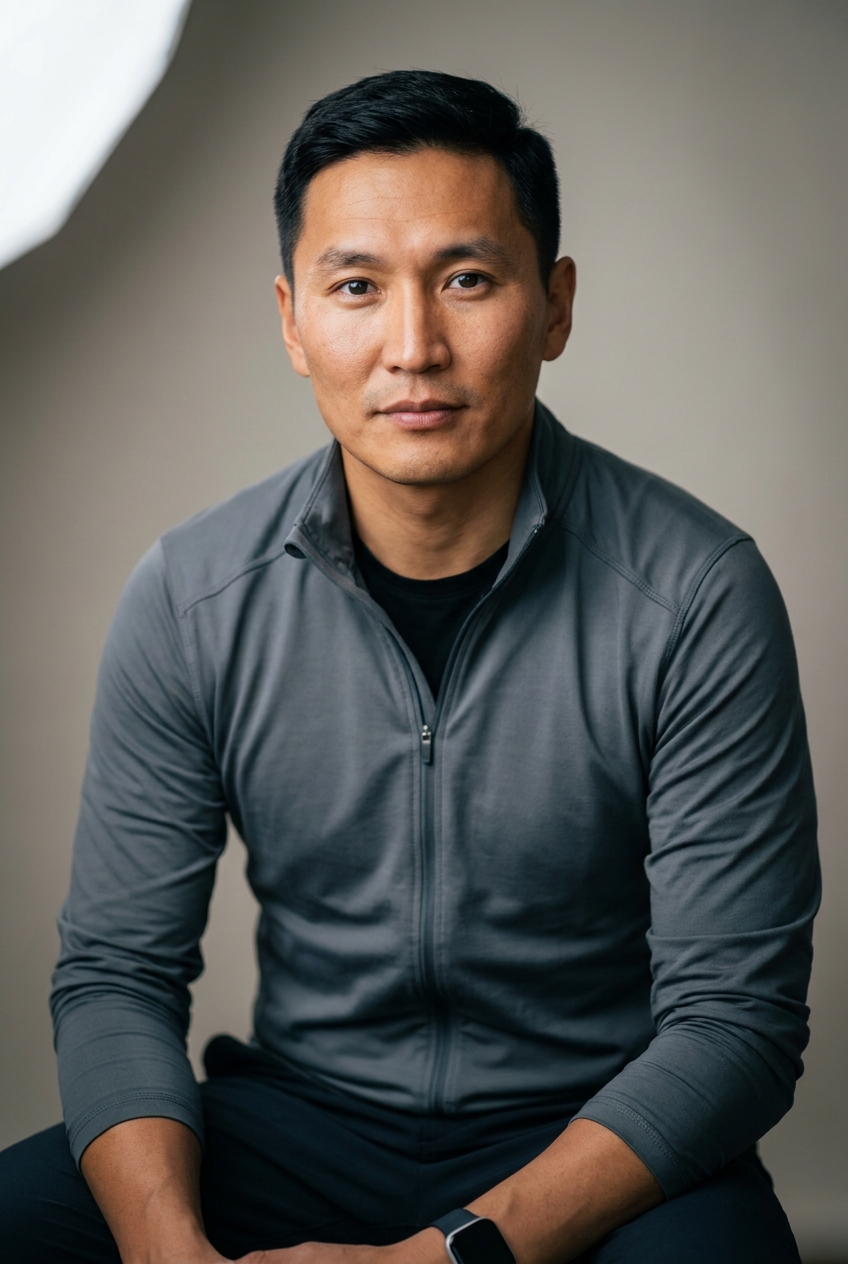 A precise Mongolian man in his mid-30s, Ulaanbaatar-born and Zurich-based, who manages the clinic data lifecycle on a strict schedule. Warm tan complexion with strong steppe bone structure. Black hair worn short and neat, clean-shaven. Average athletic build with calm, exact posture. A gunmetal-grey technical zip-top over a black tee, slim black trousers, dark trainers, a smartwatch on the left wrist. Distinguishing feature: broad, prominent cheekbones and deep-set dark monolid eyes — a strong, striking facial structure that anchors his calm, exact expression and makes him instantly identifiable.