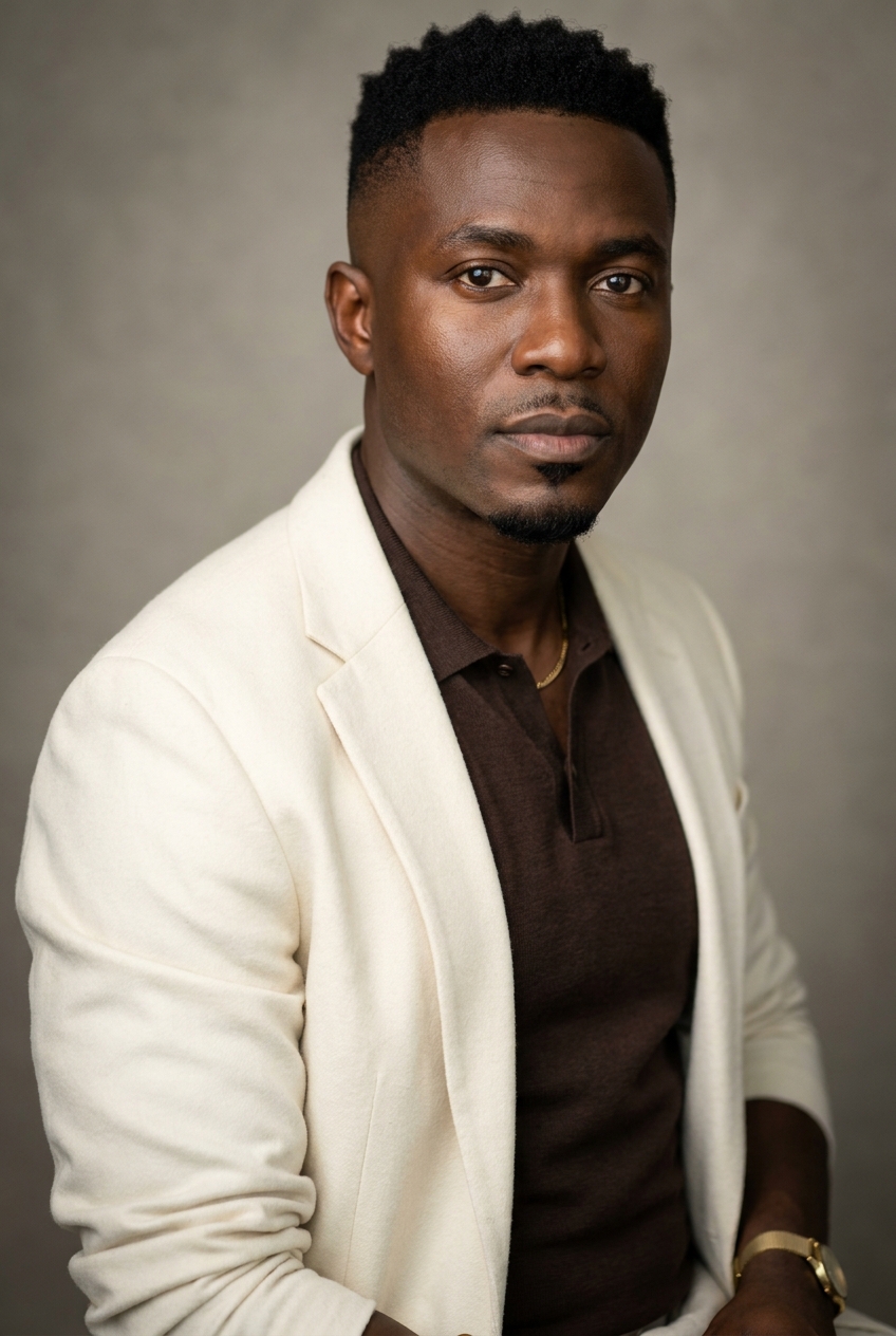 A composed Ghanaian man in his late 30s, Accra-born and London-based, now Zurich-resident. Rich deep-brown complexion with healthy luminosity. Hair worn in a sharp clean modern fade — very short on the sides and at the temples with a slightly longer top textured naturally, no parting. Warm dark-brown eyes, strong defined brows. Slim athletic build with calm strong posture. A rich espresso-brown fine-knit fitted polo under an unstructured warm cream wool blazer with the sleeves pushed to the forearm, slim dark walnut-brown trousers, soft brown leather loafers. A slim gold chain visible at the neck and a slim gold watch on the left wrist. Distinguishing feature: a deliberate natural soul patch — a small neat patch of dark hair directly beneath the lower lip with otherwise clean-shaven cheeks and chin — the precise grooming choice that quietly distinguishes his face.
