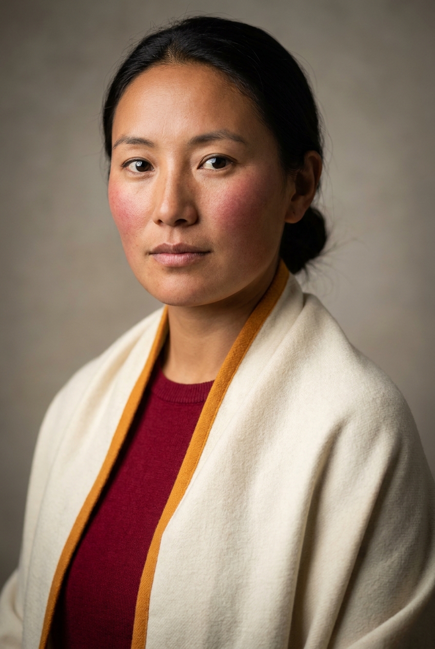 A warm Tibetan woman in her early 30s, Lhasa-born and Zurich-based. Warm tan complexion with naturally rosy high-altitude cheeks, dark eyes, dark hair gathered in a low bun. Slim build. A deep-crimson fine-knit top under a cream wrap with a saffron edge, dark trousers. Distinguishing feature: naturally rosy, wind-warmed cheeks against tan skin — a warm, open expression.