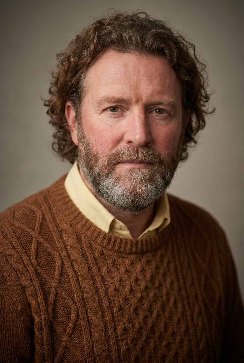 A warm Welsh man in his mid-40s, Cardiff-born and London-based, voice-talent register — the man whose voice you hear before you see his face. Pale Welsh complexion with a healthy ruddy flush across the cheekbones from outdoor walking. Auburn-brown hair worn slightly long and curly with natural waves, no styling product. A full salt-and-pepper beard, neatly trimmed but generous, with more grey at the chin than at the moustache. Warm brown eyes, soft expressive brows. Slim-to-average build. A chunky cinnamon-brown cable-knit wool jumper over a soft butter-yellow collared shirt visible at the neck, dark walnut-brown corduroy trousers, scuffed brown leather brogues. Distinguishing feature: a deep, clearly visible cleft in the centre of the chin — partially framed by the beard but unmistakable, the kind of structural feature that anchors a face in profile.