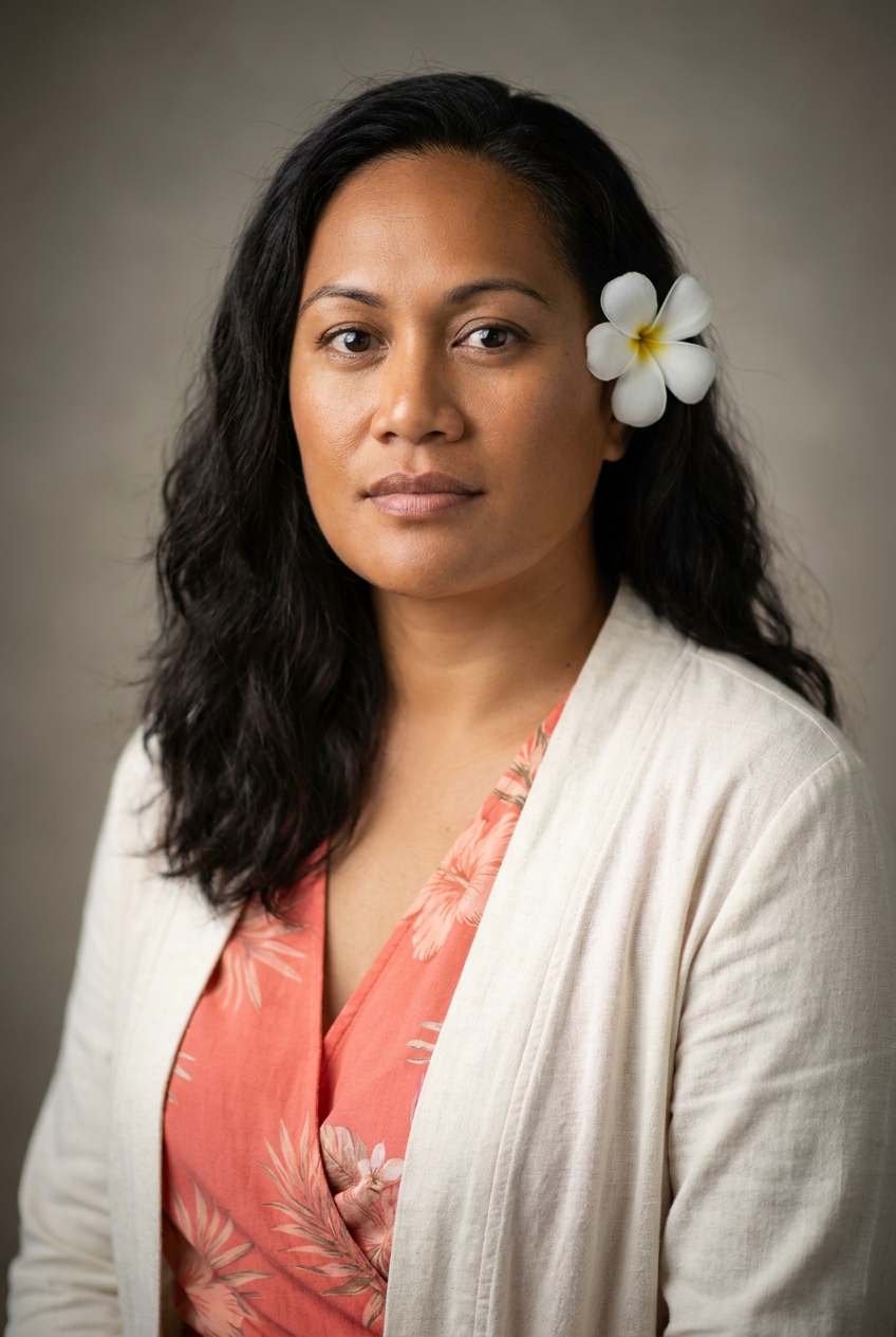 A warm Samoan woman in her late 30s, Apia-born, Auckland-raised, now Zurich-based, who runs the learner community. Warm brown complexion with a healthy glow, full warm features, dark expressive eyes, soft brows. Dark wavy hair worn long and loose to mid-back. Average build with a warm, open presence. A warm coral wrap blouse with subtle tropical-floral detail under a cream linen cardigan, cream trousers, tan sandals, shell-and-gold earrings. Distinguishing feature: a fresh white frangipani (tiare) flower worn tucked behind her right ear — a warm Pacific cultural touch that signals her role as the warm host of the community.