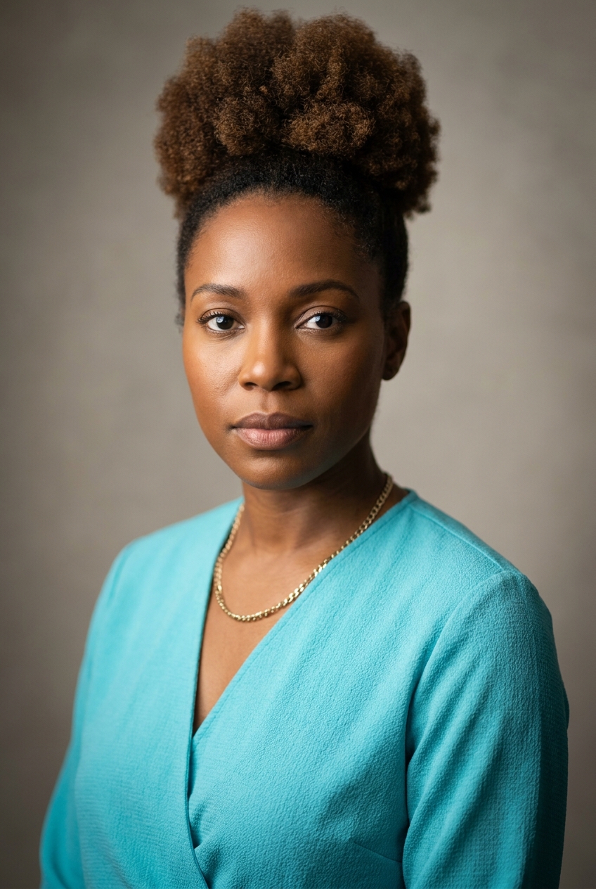 A warm Barbadian woman in her mid-30s, Bridgetown-born, London-raised, now Zurich-based. Rich warm-brown complexion, natural curls worn in a high rounded puff, warm wide features, expressive dark eyes. Average build. A turquoise wrap blouse with gold-toned jewellery, cream trousers. Distinguishing feature: natural curls worn in a tall, full rounded puff — a warm, instantly identifying silhouette.