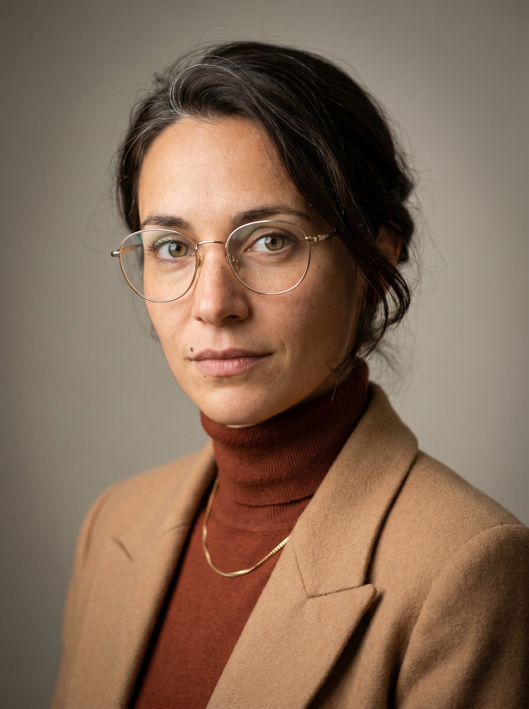 A French woman in her mid-30s, Lyon-born, with the quick, appraising focus of someone who reads competence the way others read a room. Slim and upright, with an economical, deliberate way of moving. Warm olive skin, clear and even. Dark chestnut hair worn in a low, slightly undone twist, a few strands escaping at the temple, with a single natural silver streak above the left brow. Sharp hazel-green eyes, faintly amused, behind fine gold wire-frame glasses she often pushes up with one finger. A narrow face with high cheekbones and an expressive, mobile mouth. Light freckling across the nose. She wears a fine rust roll-neck under a soft camel blazer, a thin chain at the throat, the wardrobe of someone precise but never austere. Distinguishing feature: the silver streak in dark hair, and a small mole at the left corner of the mouth.