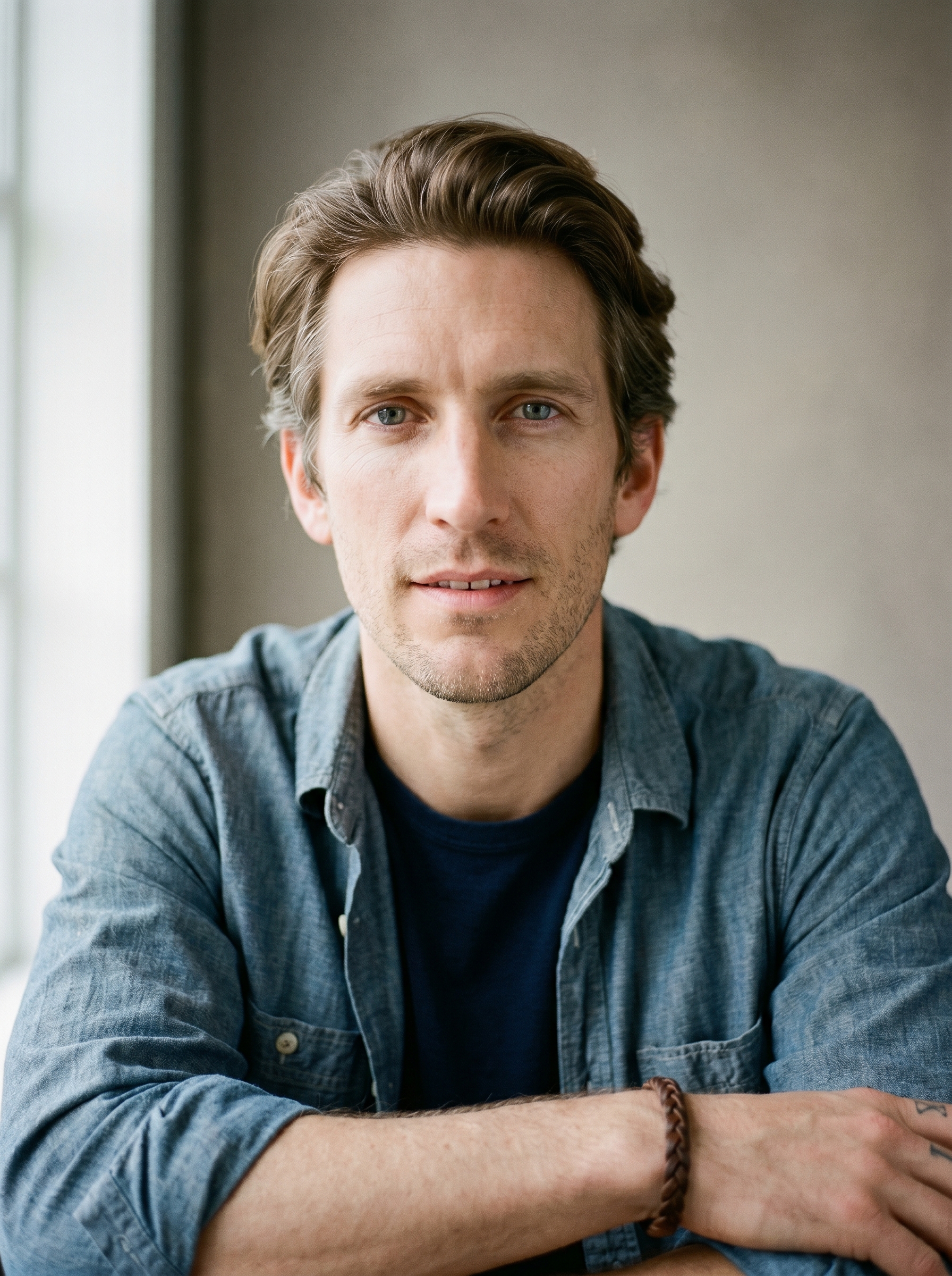 A British man in his late 30s, Manchester-born, with the wry, systems-minded steadiness of someone who sees the whole graph before he speaks. Medium-tall and rangy, a little loose in the shoulders. Fair skin with a cool undertone, prone to a faint flush. Light brown hair, thick and slightly unruly, pushed back off the forehead, the first grey threading the sideburns. Blue-grey eyes, watchful and dry-humoured, set under straight brows. A long face with a defined jaw and a few days of stubble a shade darker than his hair. Faint crow's feet. He wears a deep-navy crewneck under an open chambray shirt, sleeves rolled, a plaited leather band at the wrist, the wardrobe of an engineer who stopped dressing to impress years ago. Distinguishing feature: a small chip in the front-left tooth, visible only on a half-smile, and a habitual faint ink mark on the side of the right hand.
