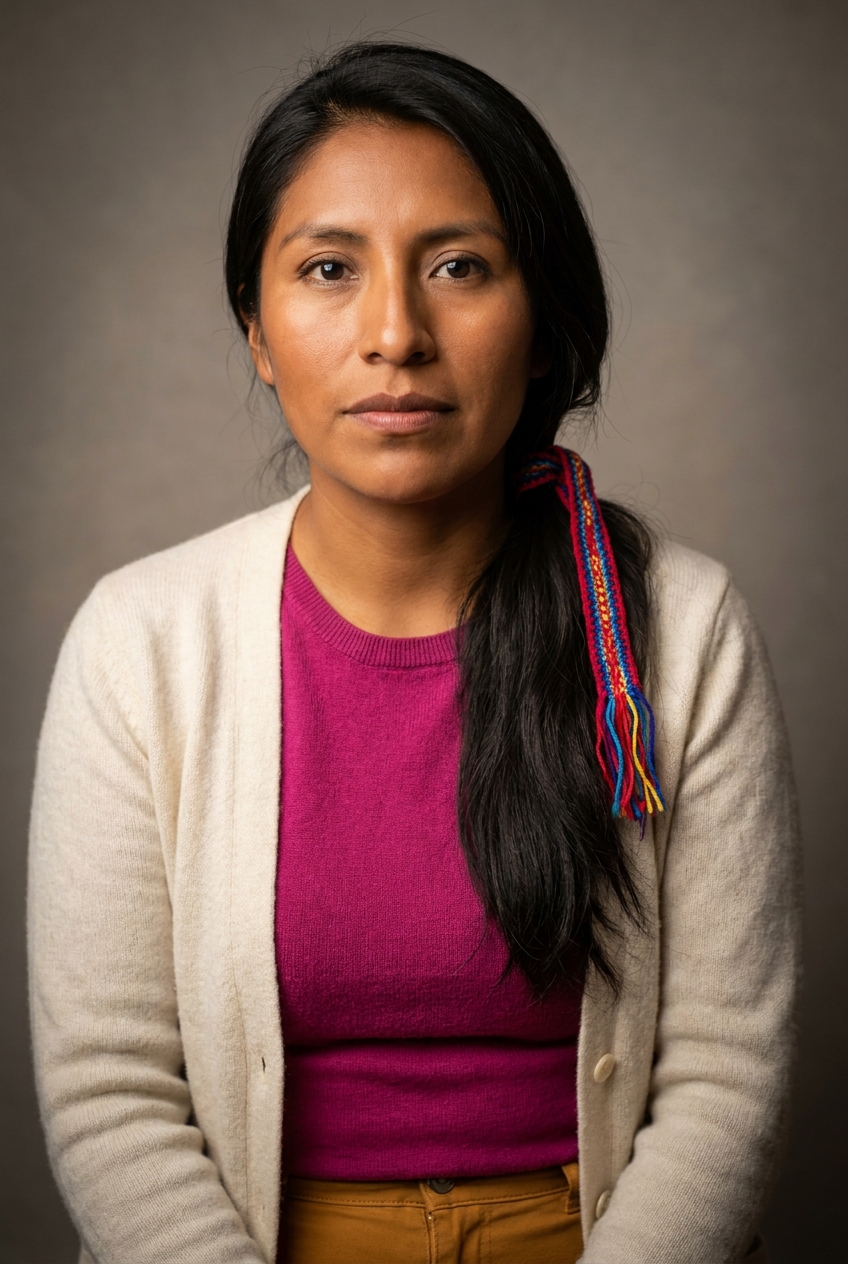 A warm Bolivian woman in her early 30s, La-Paz-born and Zurich-based. Warm bronze Andean complexion, long dark hair tied back with a distinctive hand-woven colourful ribbon at the nape, warm dark eyes. Slim build. A fuchsia fine-knit top under a cream cardigan with ochre trousers. Distinguishing feature: the bright hand-woven Andean ribbon binding her dark ponytail — heritage colour worn daily.