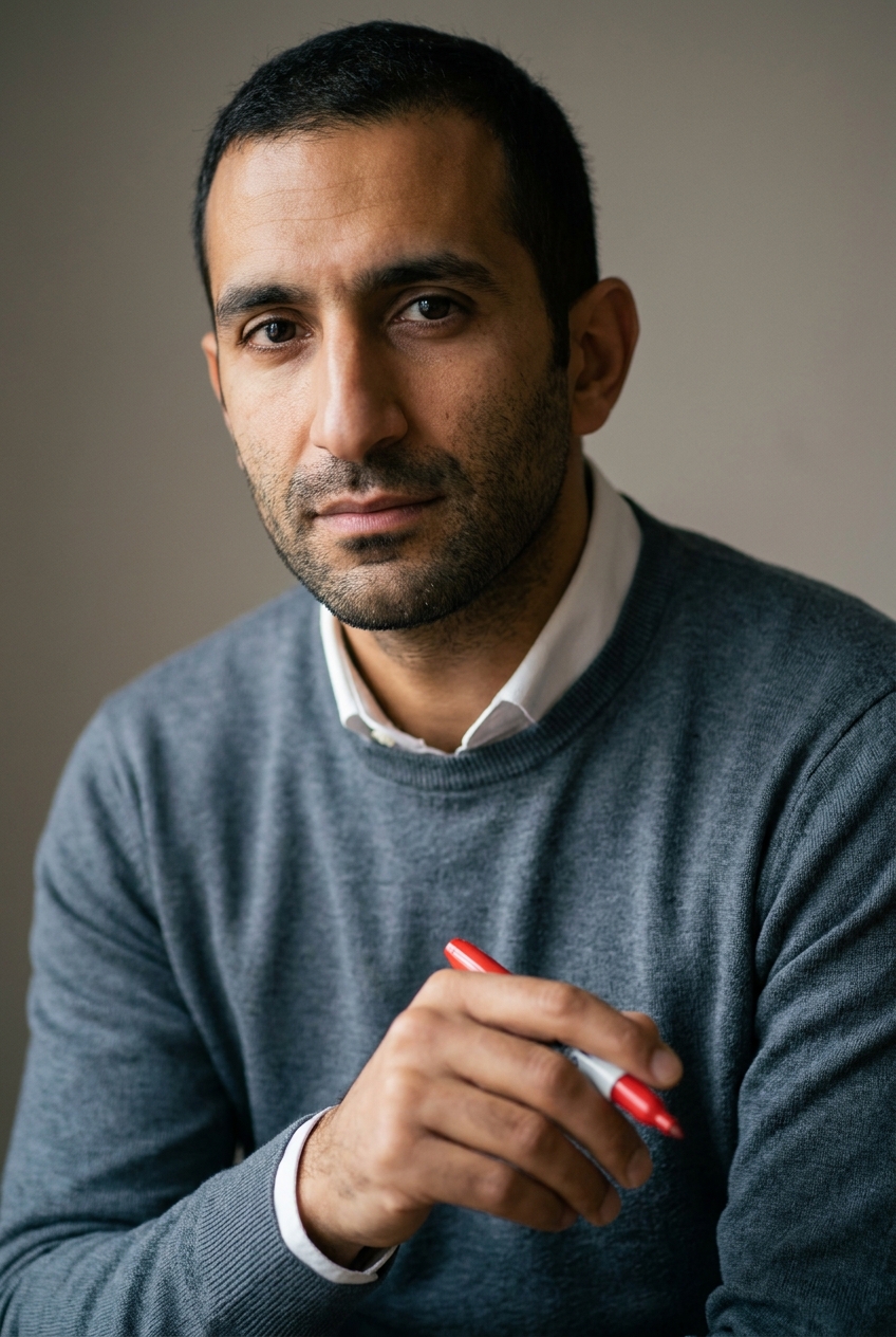 A meticulous Albanian man in his late 30s, Tirana-born and Zurich-based, the content quality-checker. Warm olive complexion with strong angular Balkan features. Dark hair worn short and neat, heavy dark five-o'clock-shadow stubble across the jaw. Dark intense eyes, strong straight brows. Average athletic build. A slate-grey fine-knit jumper over a crisp white collared shirt, slim black trousers, dark leather shoes, a red marking pen held in one hand. Distinguishing feature: a prominent straight aquiline (Roman) nose paired with heavy dark stubble — a strong angular profile that anchors his exacting, attentive expression.