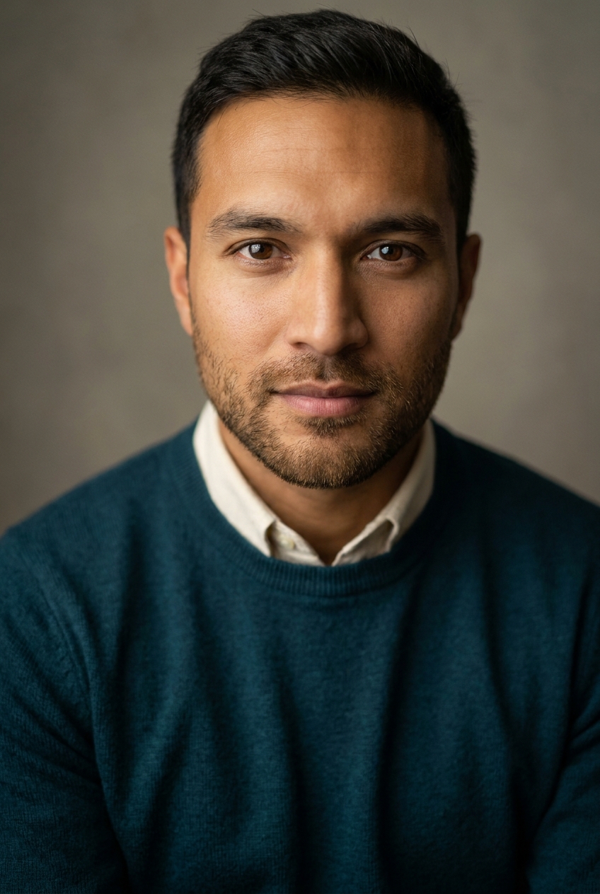 A friendly Uzbek man in his mid-30s, Tashkent-born and Zurich-based. Warm tan complexion with strong Central-Asian features, neat dark hair, a light short beard, warm dark eyes. Average build. A deep-teal fine-knit jumper over a cream collared shirt, dark trousers. Distinguishing feature: warm, slightly upturned almond eyes over strong cheekbones — an open, conversational warmth.
