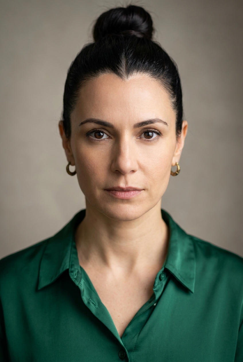A composed Argentine woman in her early 40s, Buenos-Aires-born and Zurich-based for the last six years. Warm olive complexion with subtle sun-weathering across the cheekbones. Dark glossy hair worn in a tight high topknot, with no fringe — the topknot reveals a distinctive natural hairline shape: a pronounced central widow's peak at the centre of her forehead, sharp and symmetrical. Strong jaw, expressive dark-brown eyes, full dark eyebrows. Slight build with the upright posture of someone who used to dance tango. An emerald-green silk button-down blouse tucked into cream wool wide-leg trousers, dark brown leather belt, soft brown loafers. Small antique gold hoops in both ears. Distinguishing feature: the pronounced central widow's peak in her hairline — sharp, symmetrical, the most striking element of her face when her hair is pulled back, which is most of the time.