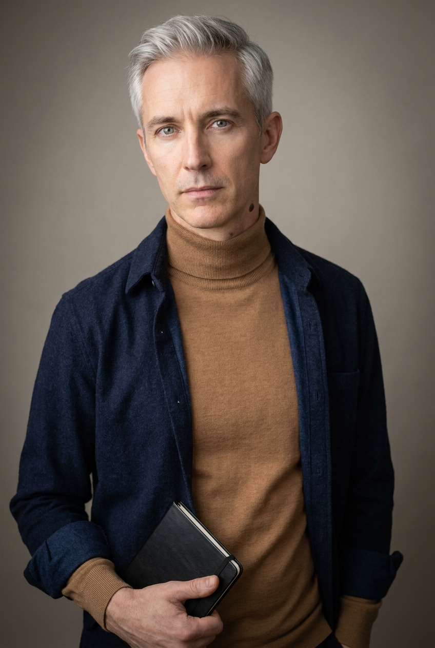 A composed German man in his late 40s, Berlin-born and Zurich-based. Pale Northern European complexion with sharp angular features. Hair fully silver-grey, worn short and close-cropped with no parting. Clean-shaven, square jaw, pale grey eyes that read everything quickly. Slim athletic build with the upright posture of someone who cycles to work. A warm caramel-tan fine-knit turtleneck under an unstructured dark indigo wool overshirt with the sleeves pushed to the elbows, slim dark indigo trousers, clean leather Chelsea boots. A slim black leather notebook visible in one hand. Distinguishing feature: a small dark birthmark on the right side of his neck just below the earlobe — visible when he turns his head, the kind of mark that sits between hair and collar.