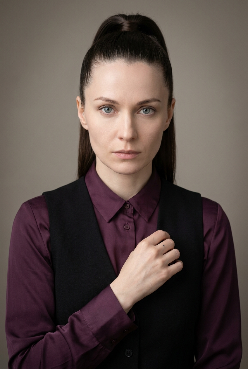 A sharp Russian woman in her early 30s, Moscow-born and now Berlin-based, frequent visitor to Zurich. Pale Slavic complexion with cool undertones, very fine-grained skin. Glossy dark-brown hair worn long and straight to mid-back, pulled into a sleek high ponytail with no fringe or face-framing pieces — severe, precise, expensive. Pale grey-blue eyes, thick straight dark eyebrows that frame her face. Athletic-slim build. Tailored plum silk blouse buttoned to the collar under a structured black wool waistcoat, slim black trousers, sharp black ankle boots. Pearl-grey nail polish on close-clipped square nails. Distinguishing feature: a tiny black ink-dot tattoo in the soft web between her right thumb and forefinger — a single small mark she got at seventeen, visible whenever she types or gestures.