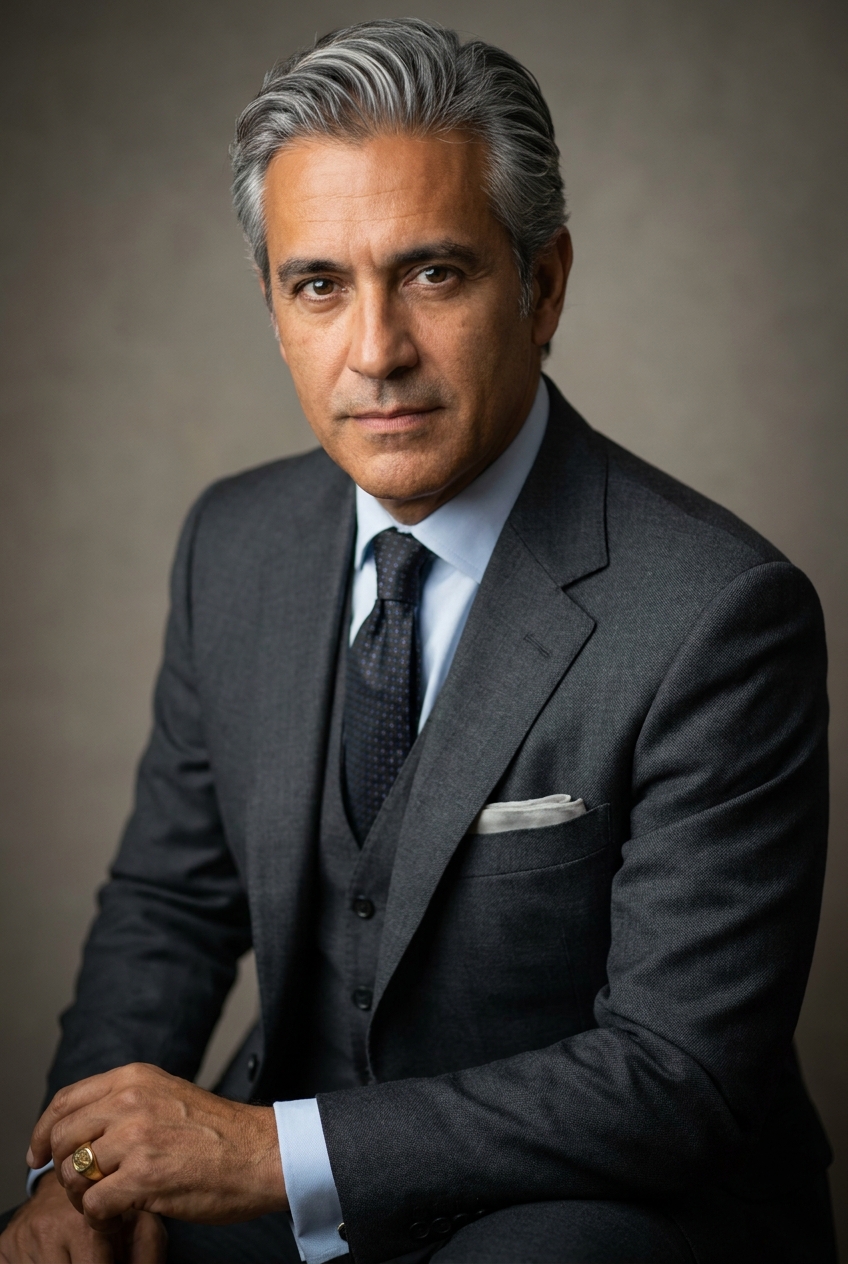 A polished Castilian-Spanish man in his mid-50s, Madrid-born and Zurich-based, the external-facing voice of the quality team. Warm olive complexion with dignified age-weathering. Silver-grey hair worn swept back, immaculately groomed. Clean-shaven, strong jaw, warm dark eyes, defined brows. Slim tall build with confident corporate bearing. An impeccable charcoal-grey three-piece wool suit with a pale-blue shirt and a dark silk tie, a folded pale pocket square, polished black oxford shoes. Distinguishing feature: a heavy gold signet ring worn on the left little finger — an old-world corporate signal of authority and continuity, catching the light when he gestures.