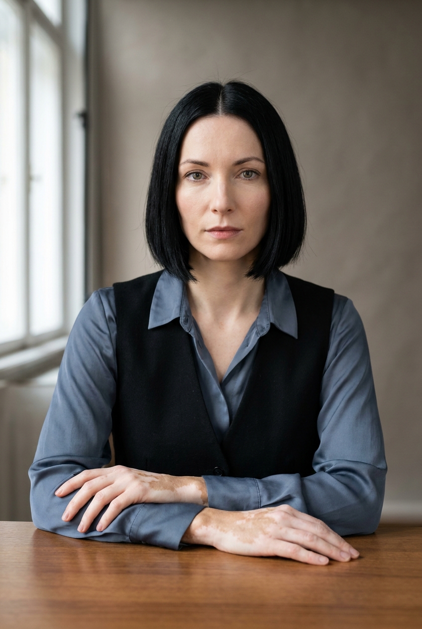 A focused Hungarian woman in her mid-30s, Budapest-born and Zurich-based. Pale complexion with a cool undertone, sharp Magyar bone structure — high cheekbones, long fine nose, strong defined dark eyebrows. Glossy black hair worn in a sharp blunt bob at the jawline, parted in the middle, with no fringe. Slight athletic build. A slate-blue silk blouse buttoned to the collar under an open structured black wool waistcoat, slim black trousers, pearl-grey nail polish on short tidy nails. Distinguishing feature: visible vitiligo on the backs of both hands and along the wrists — soft asymmetric white patches that the camera catches when her hands rest on the desk in front of her, a pattern that has been part of her since childhood.