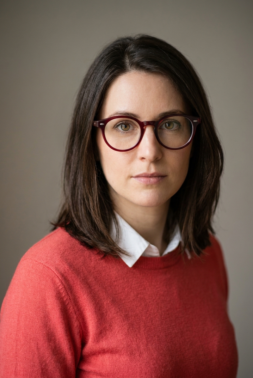 A precise Macedonian woman in her early 30s, Skopje-born and Zurich-based, who generates the customer-facing dashboards. Fair complexion with warm undertones. Dark-brown hair worn in a neat shoulder-length cut, parted to one side. Warm hazel eyes, defined brows. Slim build. A bright coral-red fine-knit jumper over a white collared shirt, slim grey trousers, white trainers. Distinguishing feature: deep burgundy-red round thick-framed acetate glasses — bold red round frames distinct from the tangerine, hexagonal, and metal eyewear elsewhere in the company.