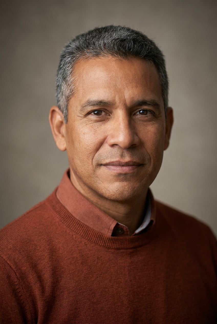 A warm Panamanian man in his mid-40s, Panama-City-born and Zurich-based. Warm tan complexion with light age-weathering, close-cropped black hair greying at the temples, clean-shaven. Average build. A warm rust fine-knit jumper over a cream shirt, brown trousers, brown loafers. Distinguishing feature: deep warm smile-lines bracketing the mouth and crinkling at the eyes — the open, methodical warmth of a man who teaches process for a living.