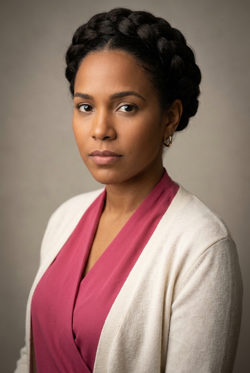 A warm Dominican woman in her early 30s, Santo-Domingo-born and Zurich-based, the friendly first voice every new visitor meets. Warm brown complexion with a healthy glow, full warm features, dark expressive eyes, soft brows. Dark hair worn in a crown braid wrapped halo-style around the head. Average build with a warm, open, welcoming presence. A warm raspberry-pink wrap blouse under a cream cardigan, cream trousers, tan sandals, small gold hoop earrings. Distinguishing feature: the crown braid — dark hair plaited and wrapped around the head like a halo, an elegant warm signature that frames her welcoming face.