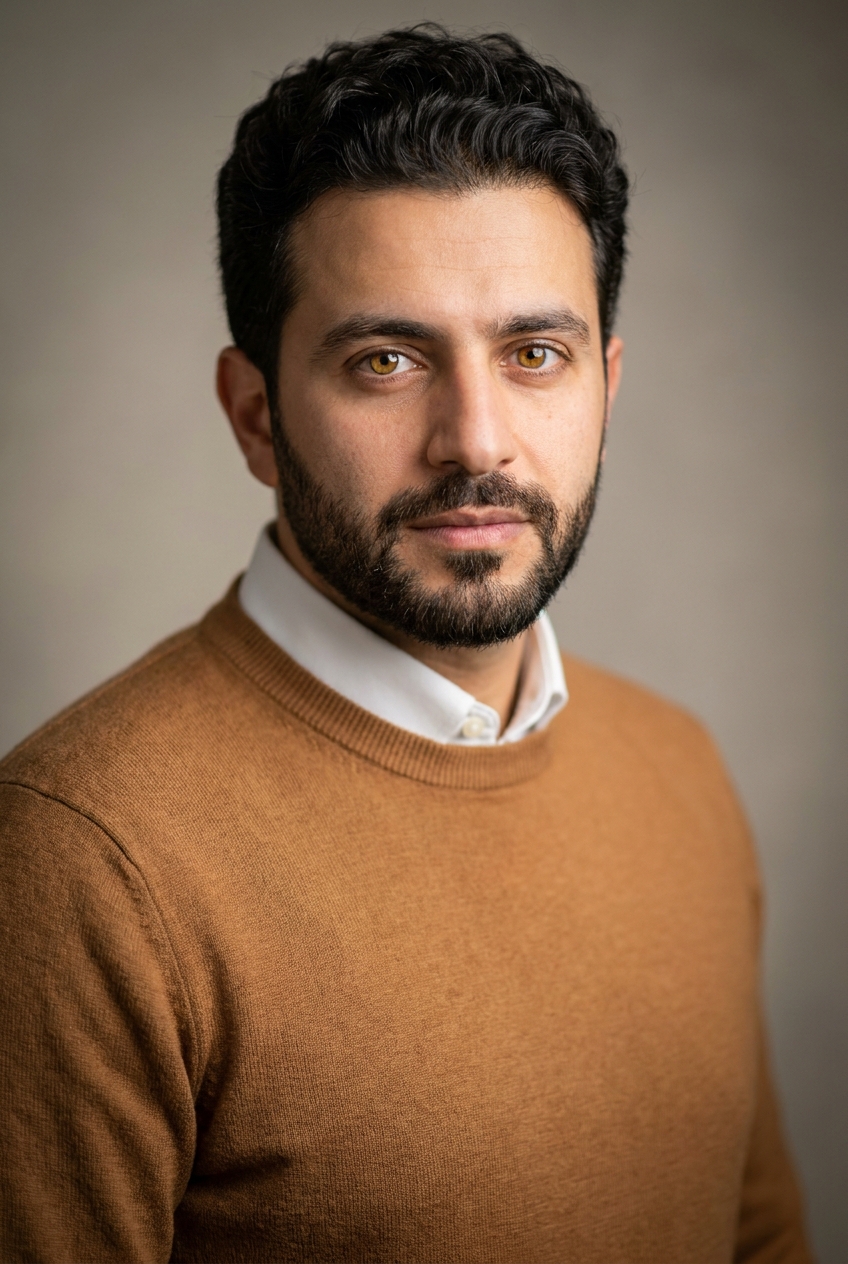 A warm Jordanian man in his mid-30s, Amman-born and Zurich-based, who writes the encouraging post-demo feedback reports. Warm olive complexion. Dark wavy hair worn medium with a slight natural quiff, a neat dark beard kept clean and close. Average build with an approachable presence. A warm caramel fine-knit jumper over a white collared shirt, brown wool trousers, brown leather loafers. Distinguishing feature: warm honey-amber eyes — unusually light amber-brown eyes against olive skin and dark hair, a striking warm gaze that softens the feedback he delivers.