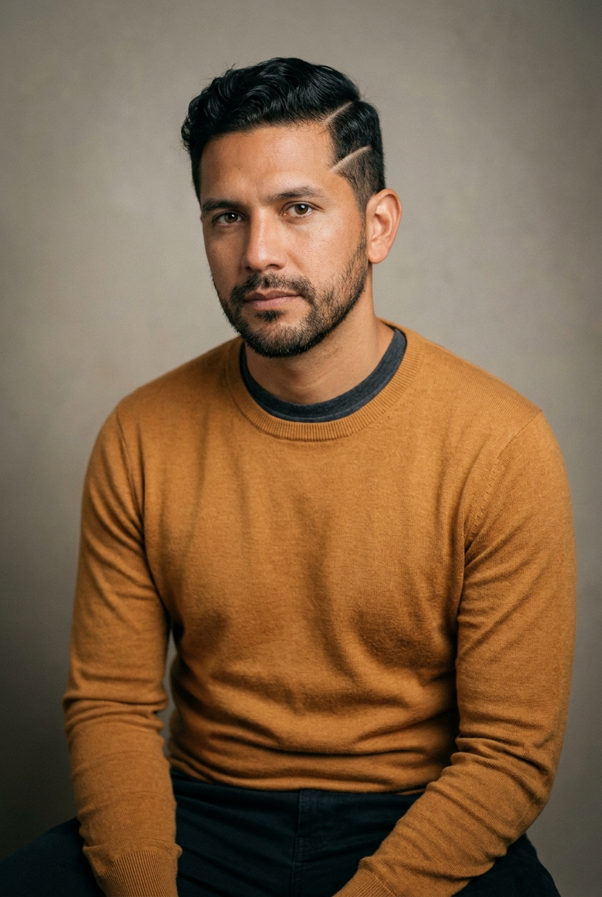 A composed Paraguayan man in his mid-30s, Asunción-born and Zurich-based. Warm tan complexion, dark wavy hair, a neat short dark beard with a clean shaved part-line at the side. Warm dark eyes. Average build. A warm ochre fine-knit jumper over a charcoal tee, dark trousers. Distinguishing feature: a single crisp shaved part-line cut into the side of his dark hair above the left ear, a precise barber detail.