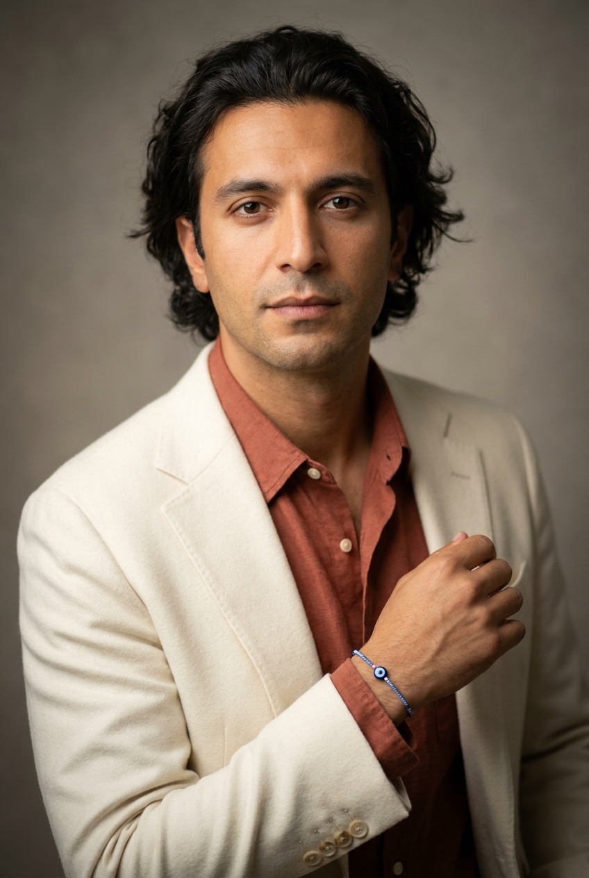 A warm Turkish man in his early 30s, Istanbul-born and Zurich-based. Warm olive-bronze complexion with strong Anatolian features — defined cheekbones, full mouth, expressive dark eyes with thick lashes. Dark wavy hair worn medium-length with a soft natural curl, parted slightly off-centre. A neatly trimmed dark beard with light grey beginning to show at the chin. Slim athletic build. A warm terracotta linen collared shirt with the top button undone under an unstructured cream wool blazer with the sleeves pushed to the elbows, slim black wool trousers, dark brown leather loafers. Distinguishing feature: a slim blue-and-white evil-eye (nazar) bead bracelet worn on the right wrist — a small cultural amulet against the misfortune, visible whenever he gestures or types.
