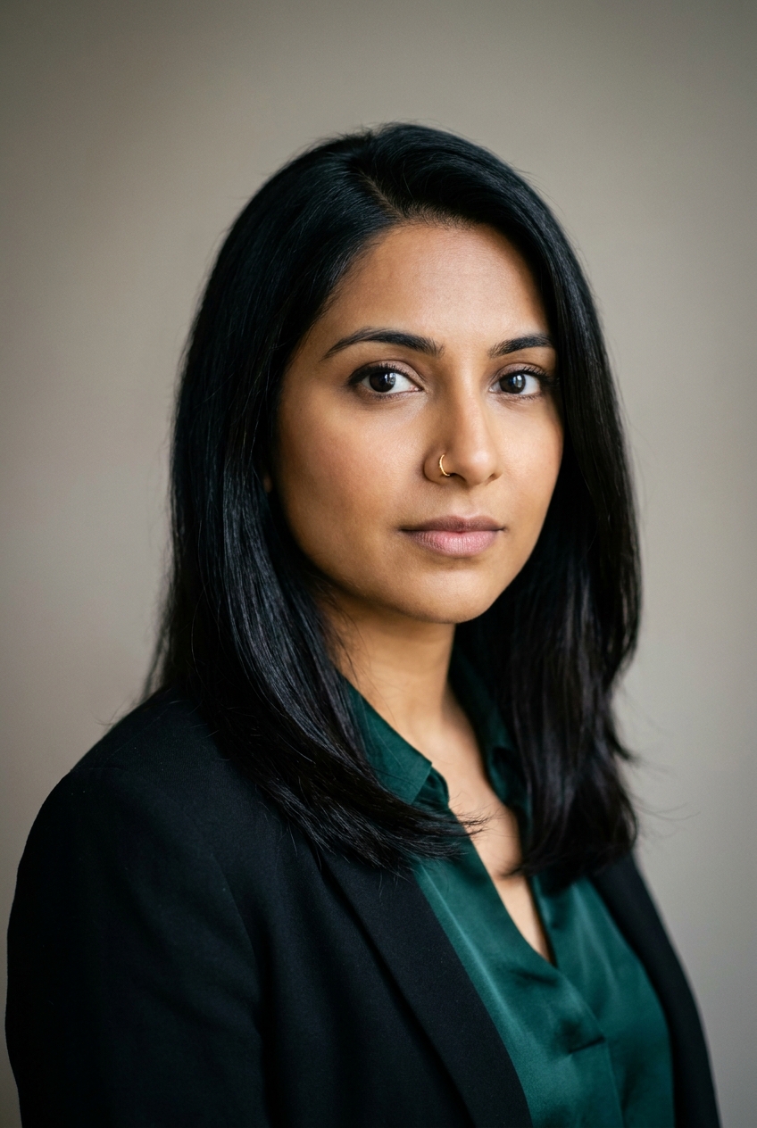 A sharp Iraqi woman in her early 30s, Baghdad-born and Zurich-based. Warm olive complexion, long glossy dark hair with a deep side parting falling past the shoulders, dark expressive eyes, strong brows. Slim build. A deep-emerald silk blouse under a black blazer, slim black trousers. Distinguishing feature: a small delicate gold nose ring in the left nostril, catching the light against olive skin.