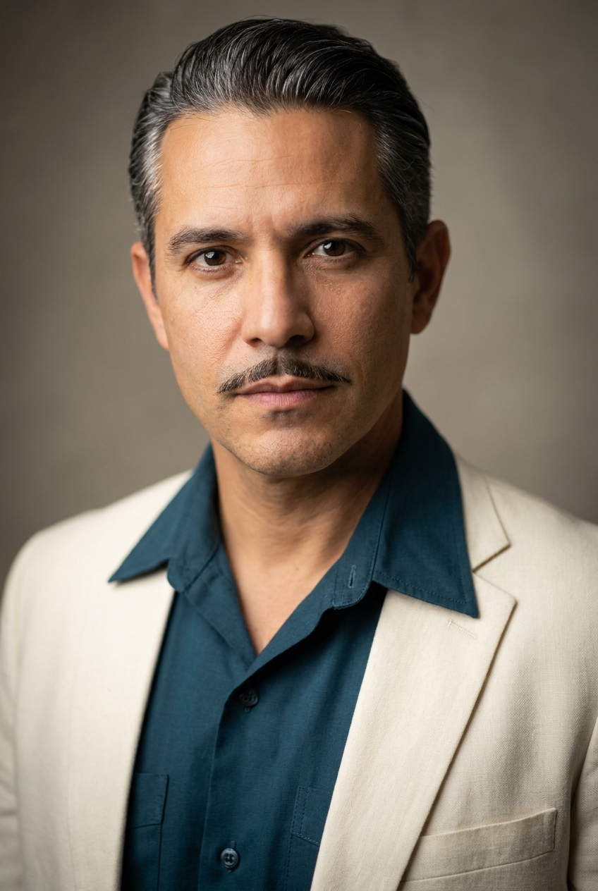 A charismatic Cuban man in his early 40s, Havana-born and Zurich-based, a dialogue specialist with an ear for natural speech. Warm olive-tan complexion. Dark hair greying slightly at the temples, worn slicked back with a little length. A neat pencil-thin moustache along the upper lip, clean-shaven elsewhere — classic Havana style. Warm dark eyes, expressive brows. Average build with relaxed, confident posture. A deep-teal guayabera-style collared shirt under a cream linen jacket, cream trousers, tan loafers. Distinguishing feature: the neat pencil-thin moustache paired with slicked-back greying hair — an unmistakable old-Havana elegance.