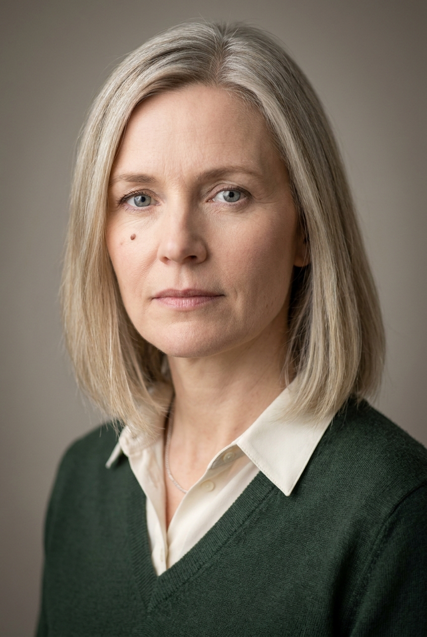 A composed Norwegian woman in her late 40s, Oslo-born and Zurich-based for over a decade. Pale Nordic complexion with subtle weathering — fine lines fanning from the eyes, the texture of a face that's seen forty Scandinavian winters. Ash-blonde hair shot through with natural silver, worn in a precise shoulder-length cut with a clean side parting. Pale grey-blue eyes, fine pale eyebrows. Slim tall build with calm contained posture. A soft hunter-green merino V-neck jumper over an ivory collared shirt with the collar visible, slim camel-coloured wool trousers, soft brown leather loafers. A delicate silver chain at the neck holding nothing visible. Distinguishing feature: a small distinct natural dark mole high on her left cheekbone, just below the outer corner of her eye — the kind of beauty mark that anchors her face in profile.