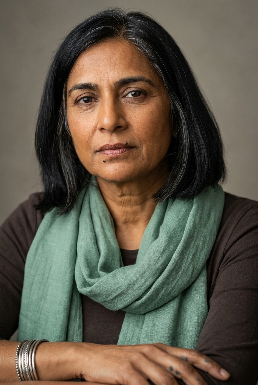 A composed Indian-British woman in her mid-50s, Mumbai-born and London-based for two decades, now spending time in Zurich. Warm bronze-brown complexion with visible age — deep crow's feet that fan when she squints at a draft, soft jowls beginning at the jawline, neck creases. Long straight black hair shot through with natural silver streaks worn in a sharp shoulder-length cut, parted on the side, often tucked behind one ear. Strong defined dark eyebrows, no eyeliner. A wide soft jade-green linen scarf draped loosely over a dark mocha-brown long-sleeve top, slim navy wool trousers, brown leather brogues. Multiple thin silver bangles stacked on the left wrist that catch the light when she gestures. Hands lined, with faint blue-black fountain-pen ink staining the side of the right middle finger. Distinguishing feature: a small dark beauty spot at the corner of her left mouth, the kind of mark that becomes more visible when she purses her lips reading a draft she disapproves of.